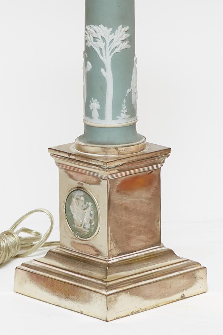 English Pair of Neoclassical Jasperware Porcelain and Silver Gilt Metal Table Lamps