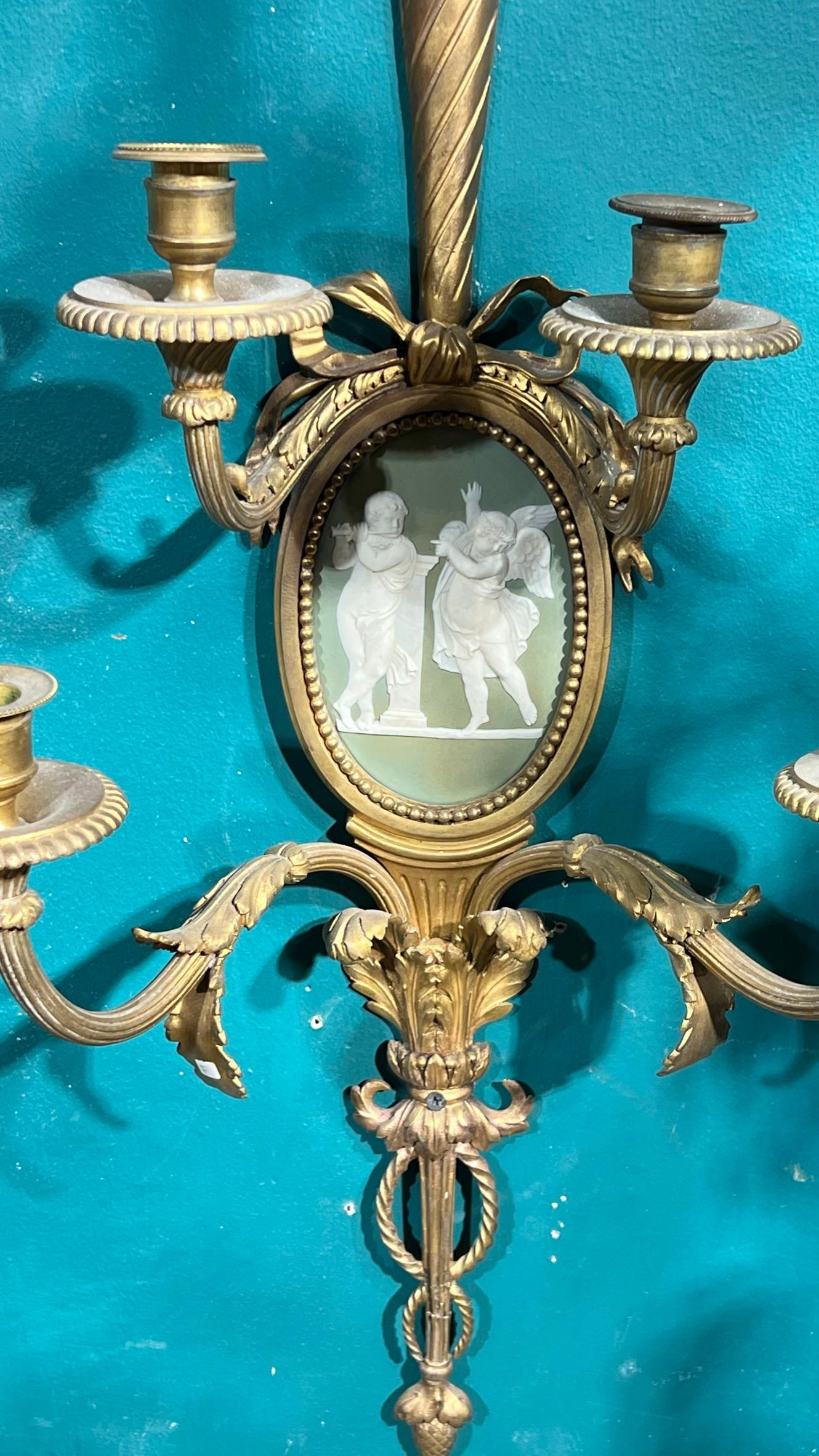 Pair Neoclassical Louis XVI Style Gilt Bronze & Jasper Porcelain Sconces For Sale 7