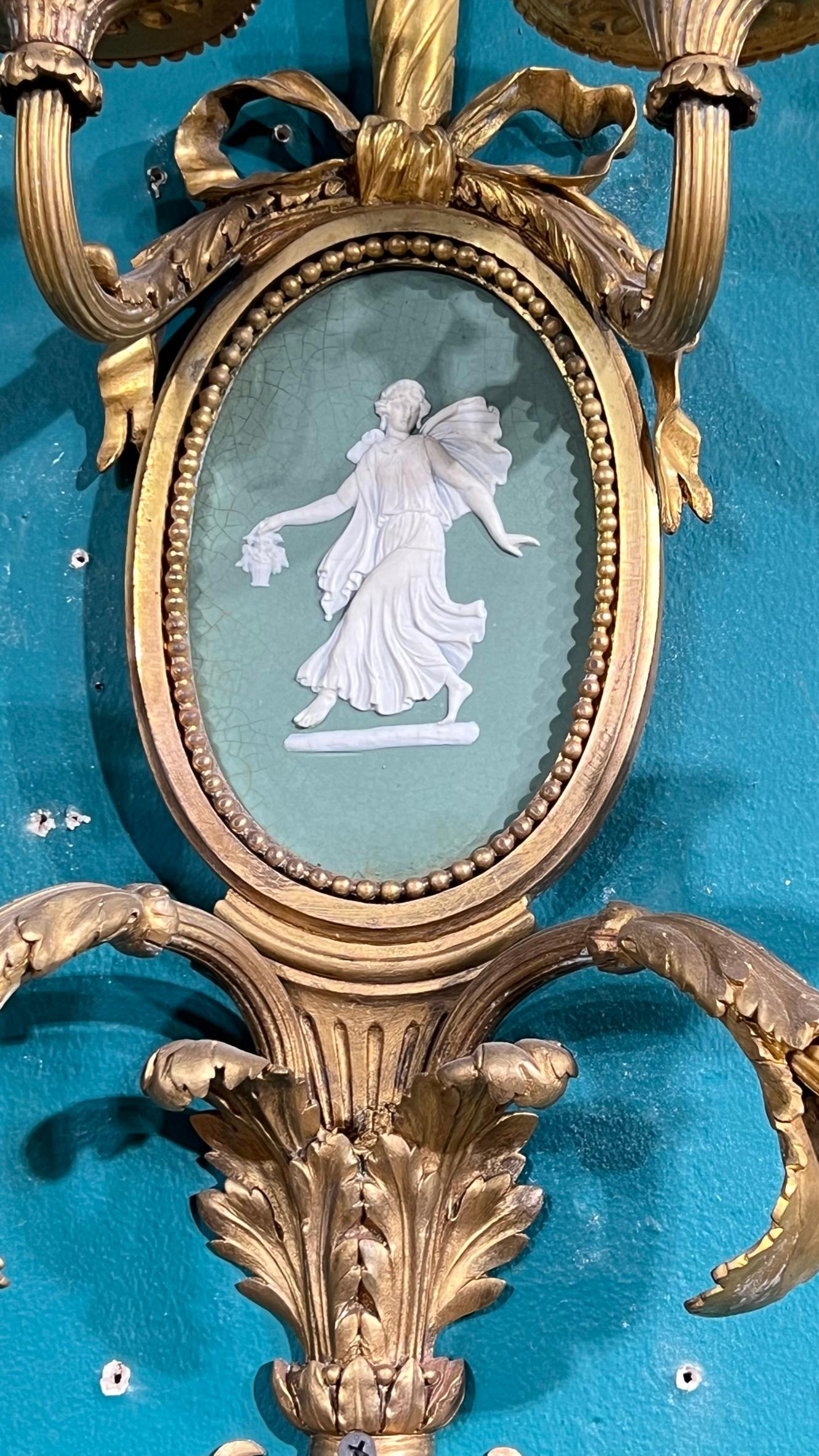 Pair Neoclassical Louis XVI Style Gilt Bronze & Jasper Porcelain Sconces For Sale 11