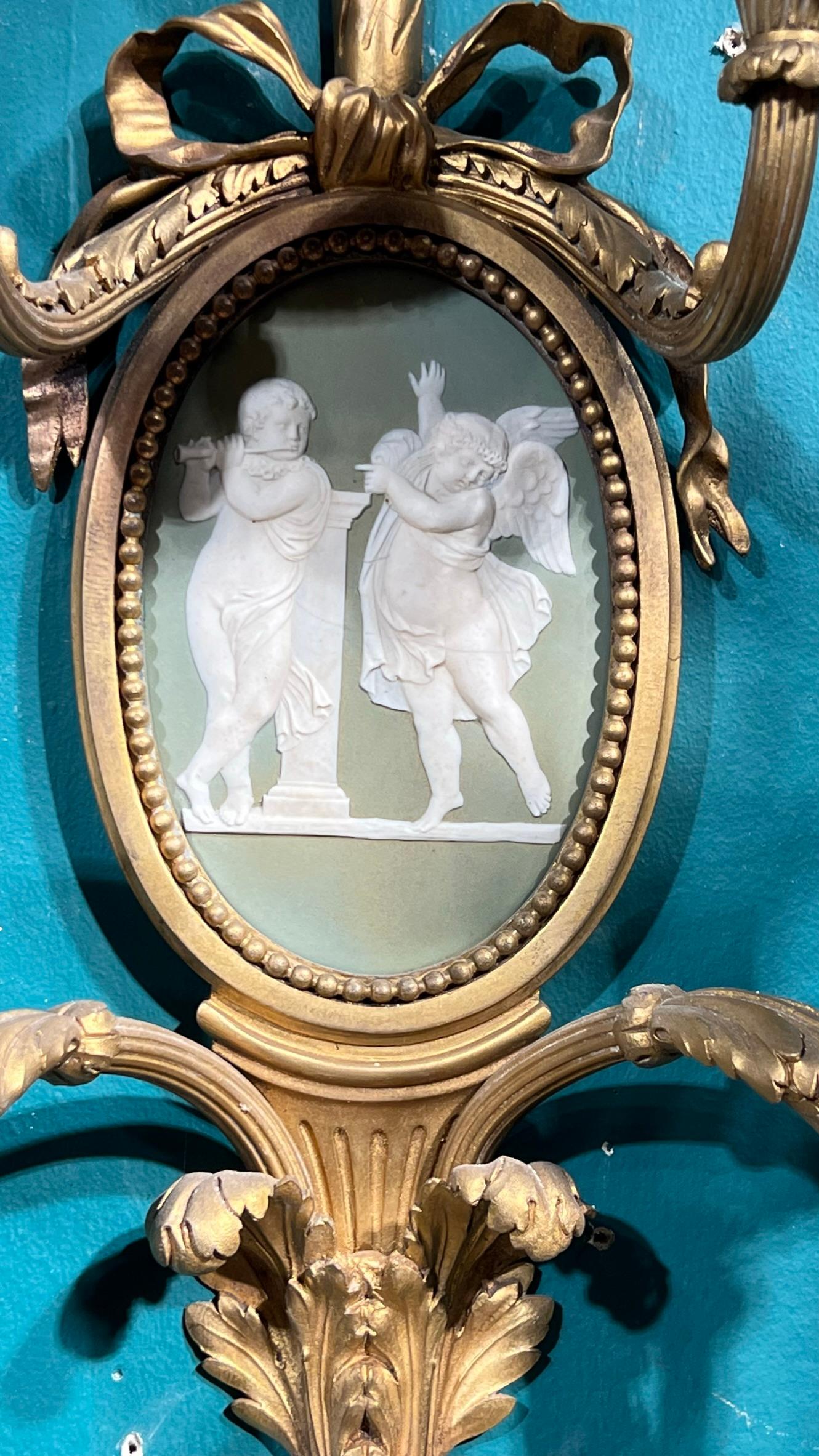 French Pair Neoclassical Louis XVI Style Gilt Bronze & Jasper Porcelain Sconces For Sale