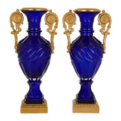 Pair Neoclassical Russian Ormolu Gilt Bronze Blue Glass Vases