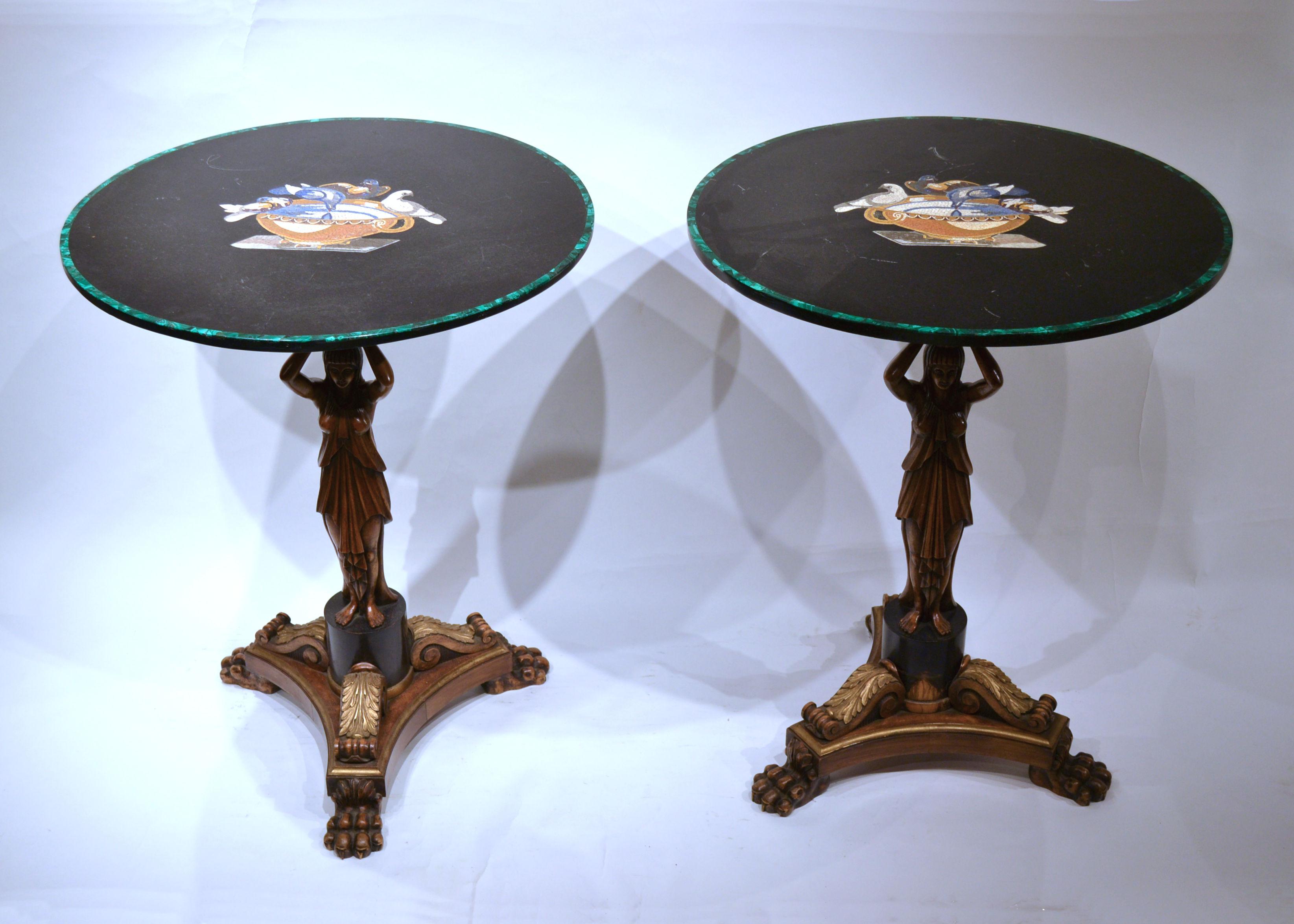 Pair of neoclassical side figural wood tables with micro mosaic inlaid tops with malachite borders.