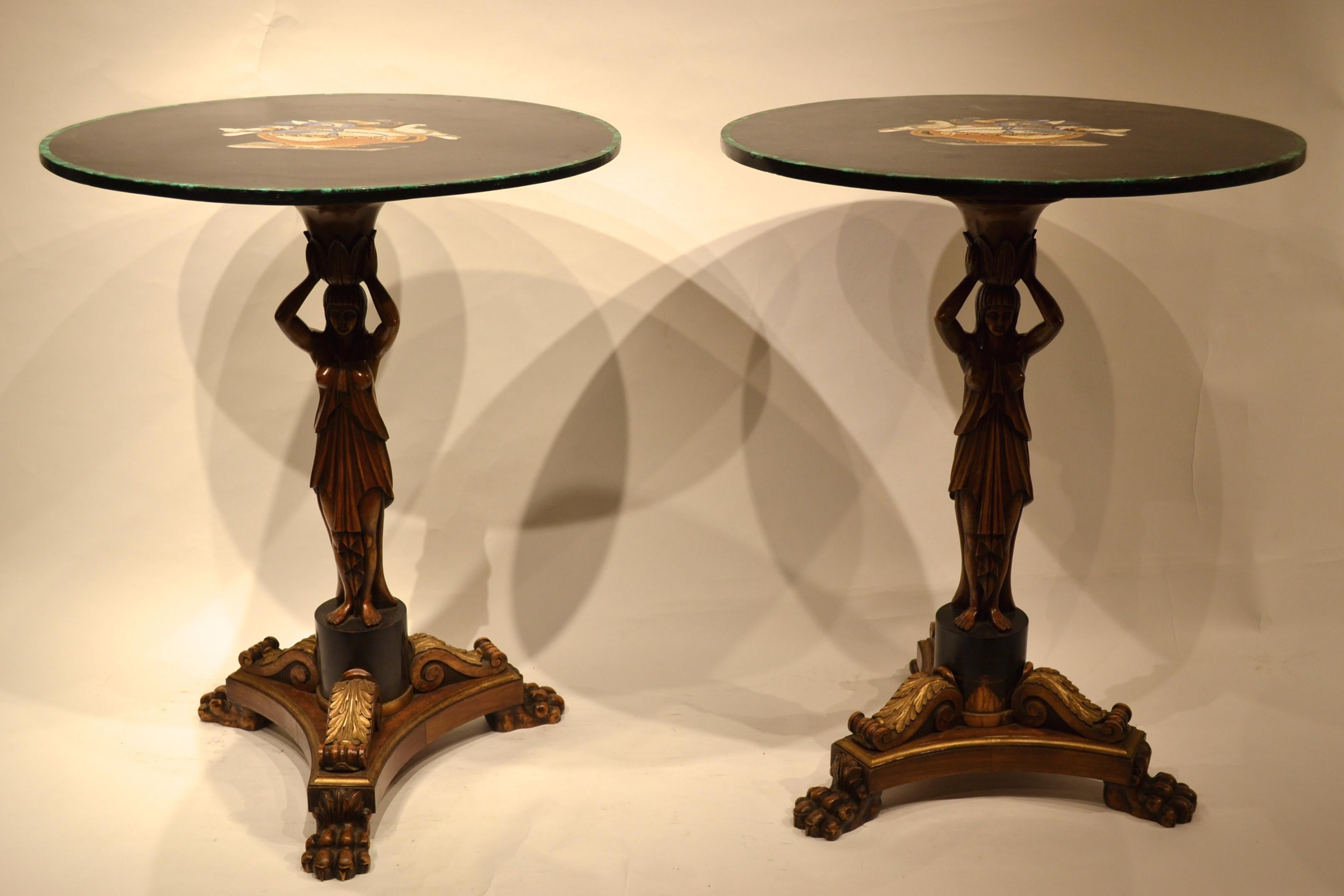 Marble Pair of Neoclassical Side Tables with Micro Mosaic Inlaid Tops