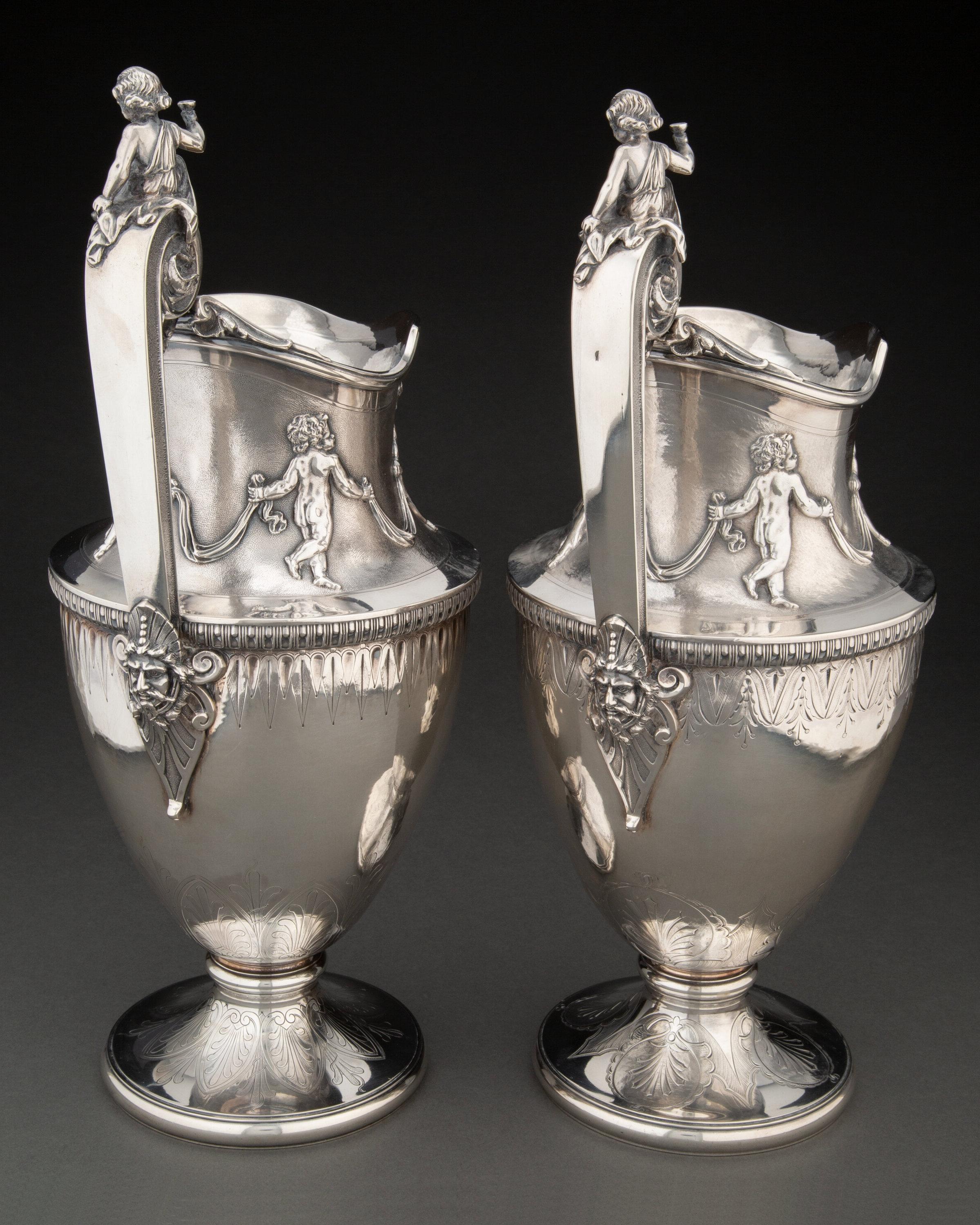 19th Century Pair Neoclassical Silver Water Pitchers by Gorham