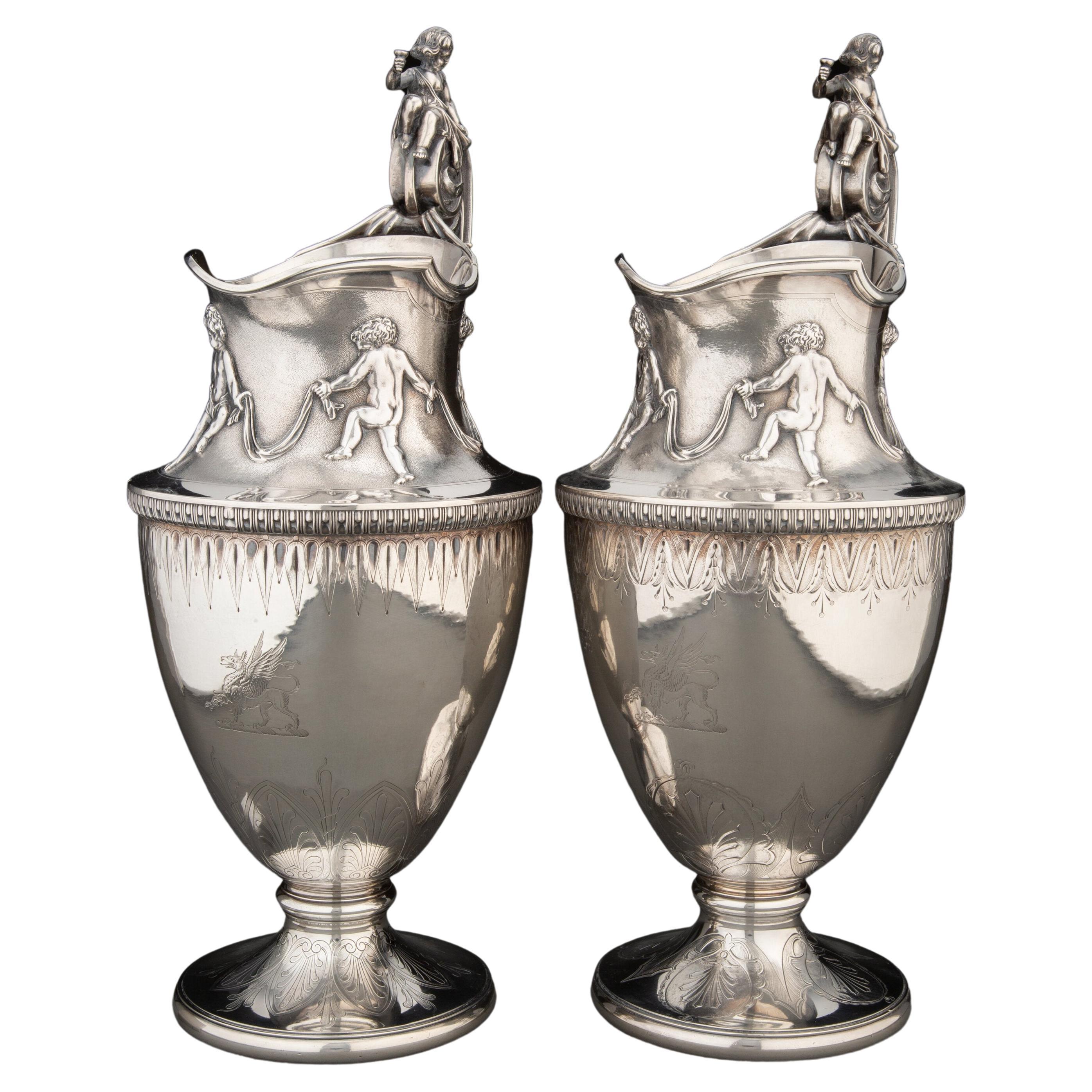 Pair Neoclassical Silver Water Pitchers by Gorham