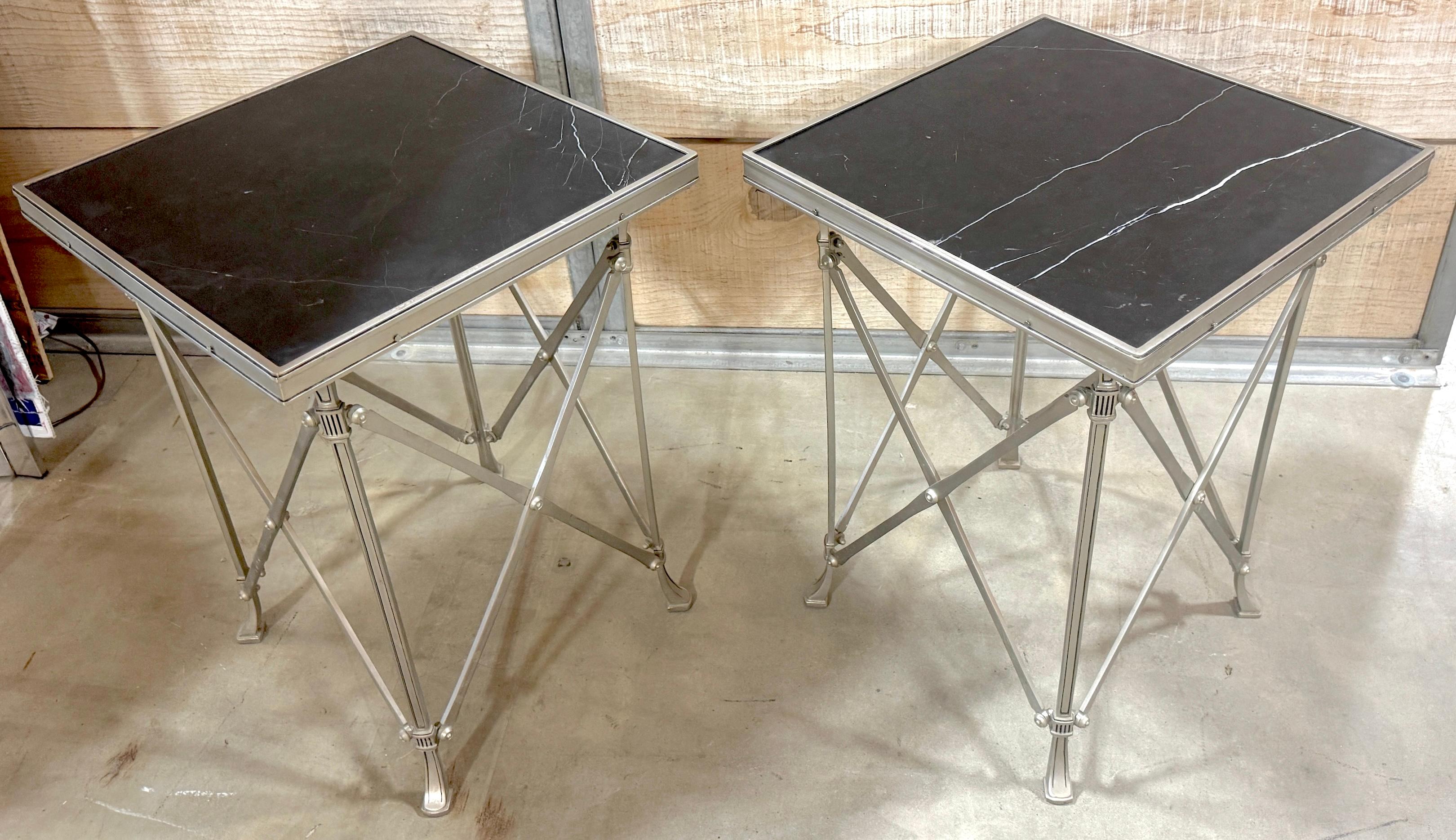 French Pair Neoclassical Silvered Bronze & Black Marble Gueridons, Style of Jansen For Sale