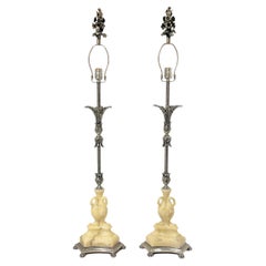 Pair Neoclassical Silvered Metal and composition Table Lamps