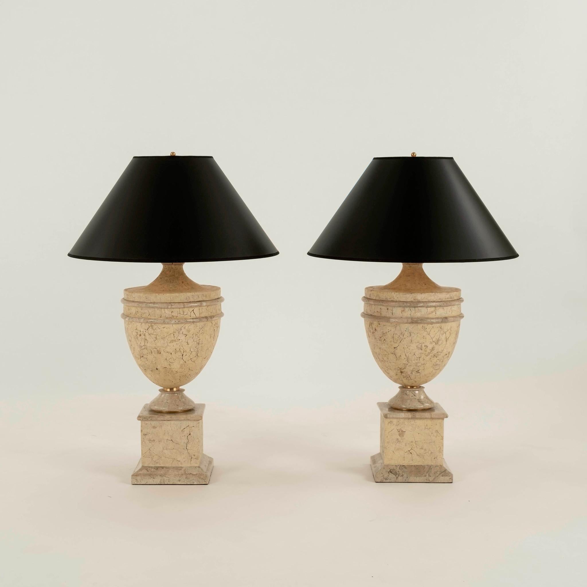 Brass Pair Neoclassical Stone Table Lamps