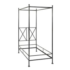 Pair Neoclassical Style Black Iron Twin Campaign Canopy Beds