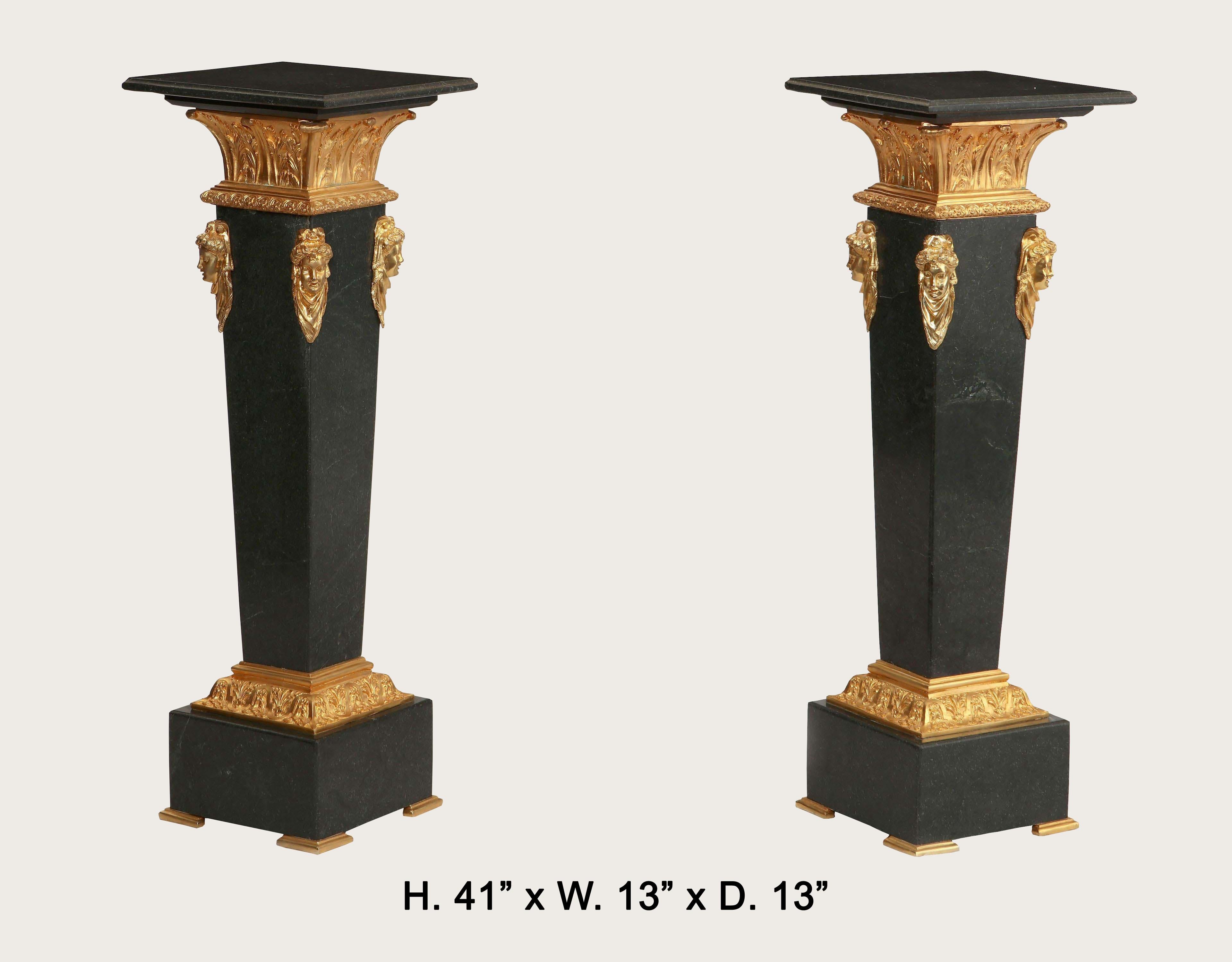 Attractive Pair of Neoclassical style gilt bronze mounted black marble pedestals.
Beautiful ormolu mounts with fine details.
Late 20th century.
