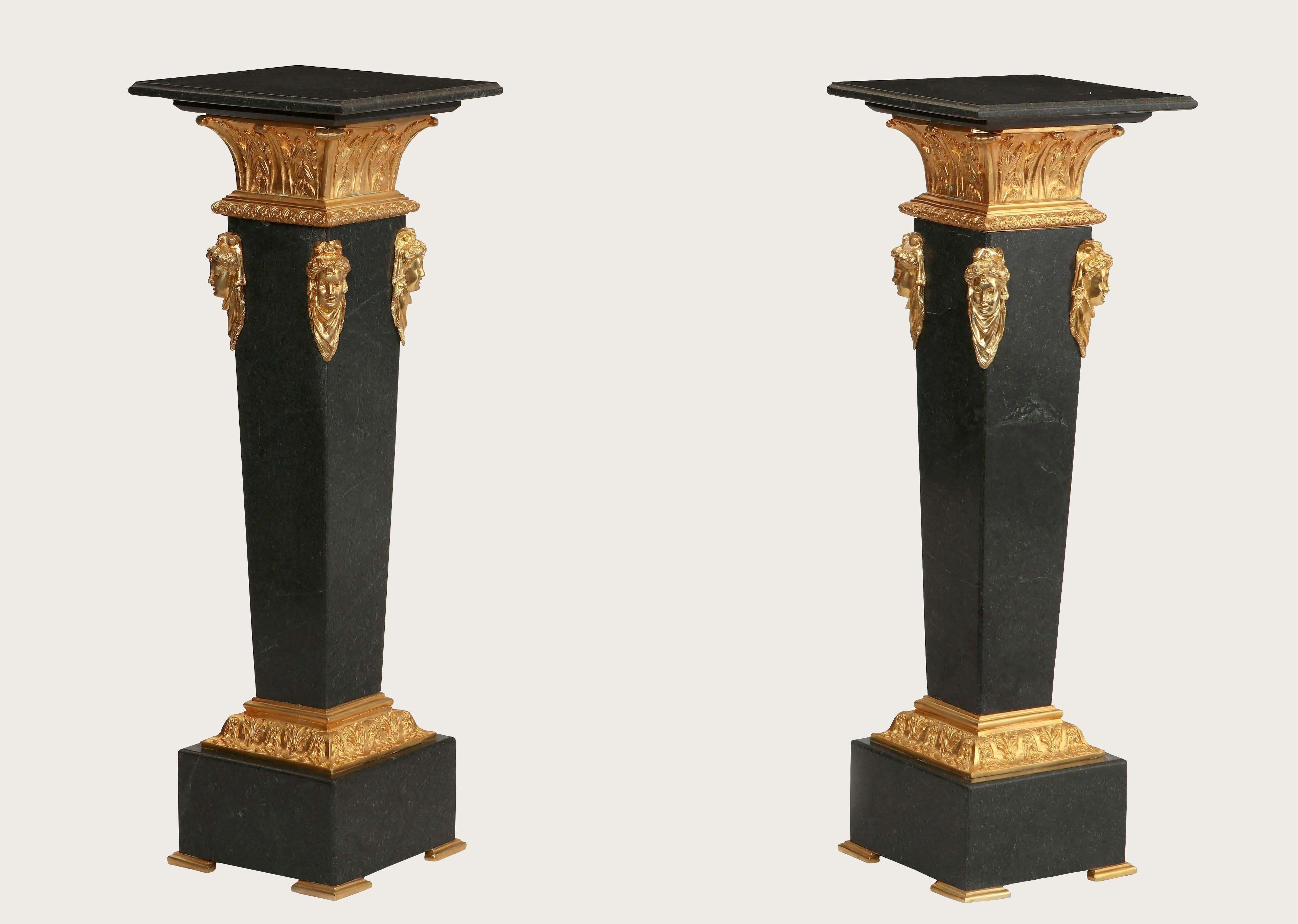 French Pair Neoclassical style black marble pedestals, with bronze mount  For Sale