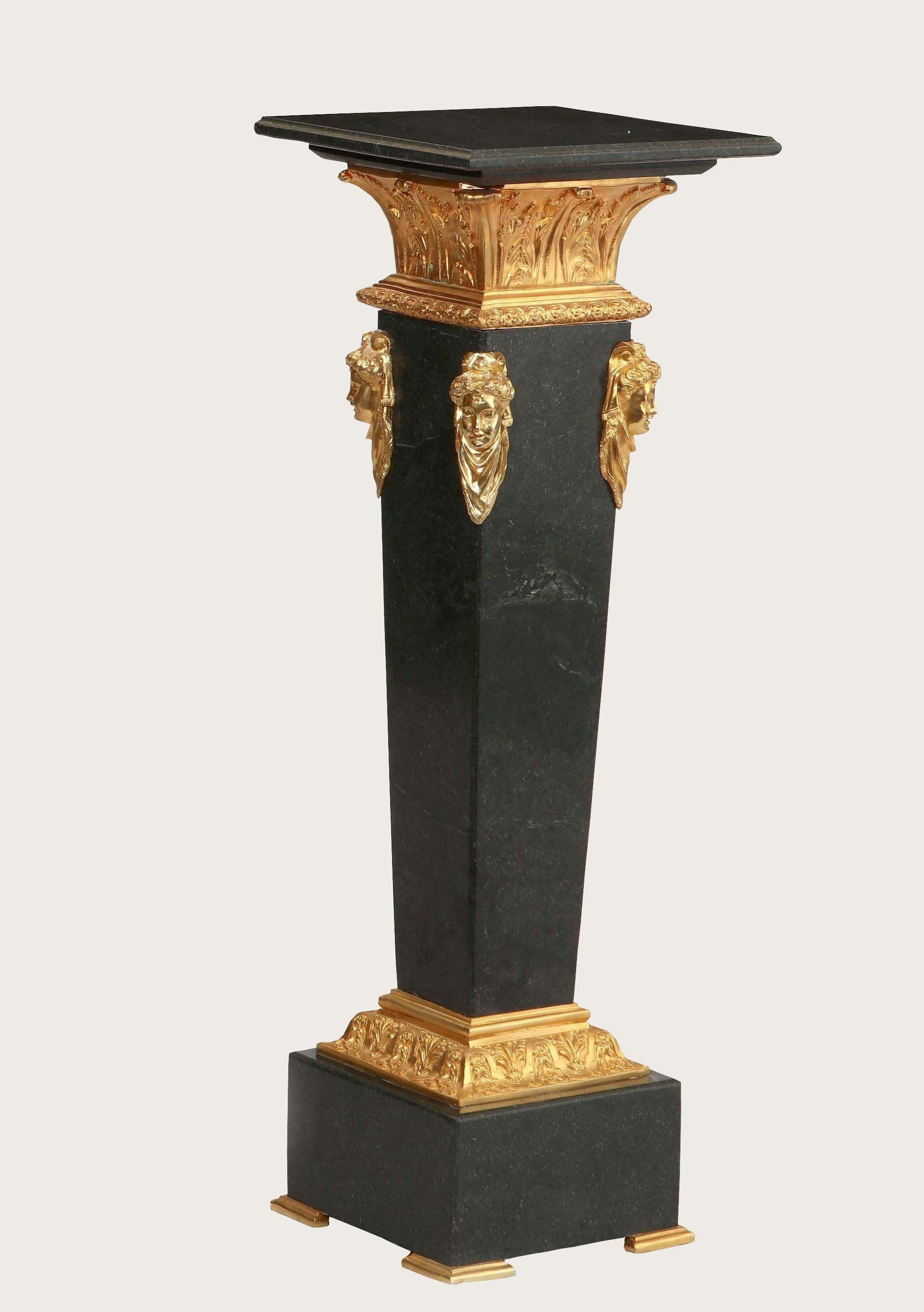 Pair Neoclassical style black marble pedestals, with bronze mount  In Good Condition For Sale In Cypress, CA