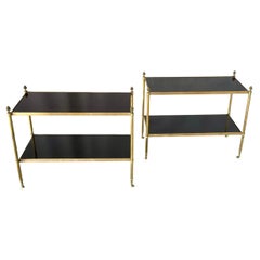 Pair Neoclassical Style Brass Side Tables with Black Lacquered Tops Jansen Style