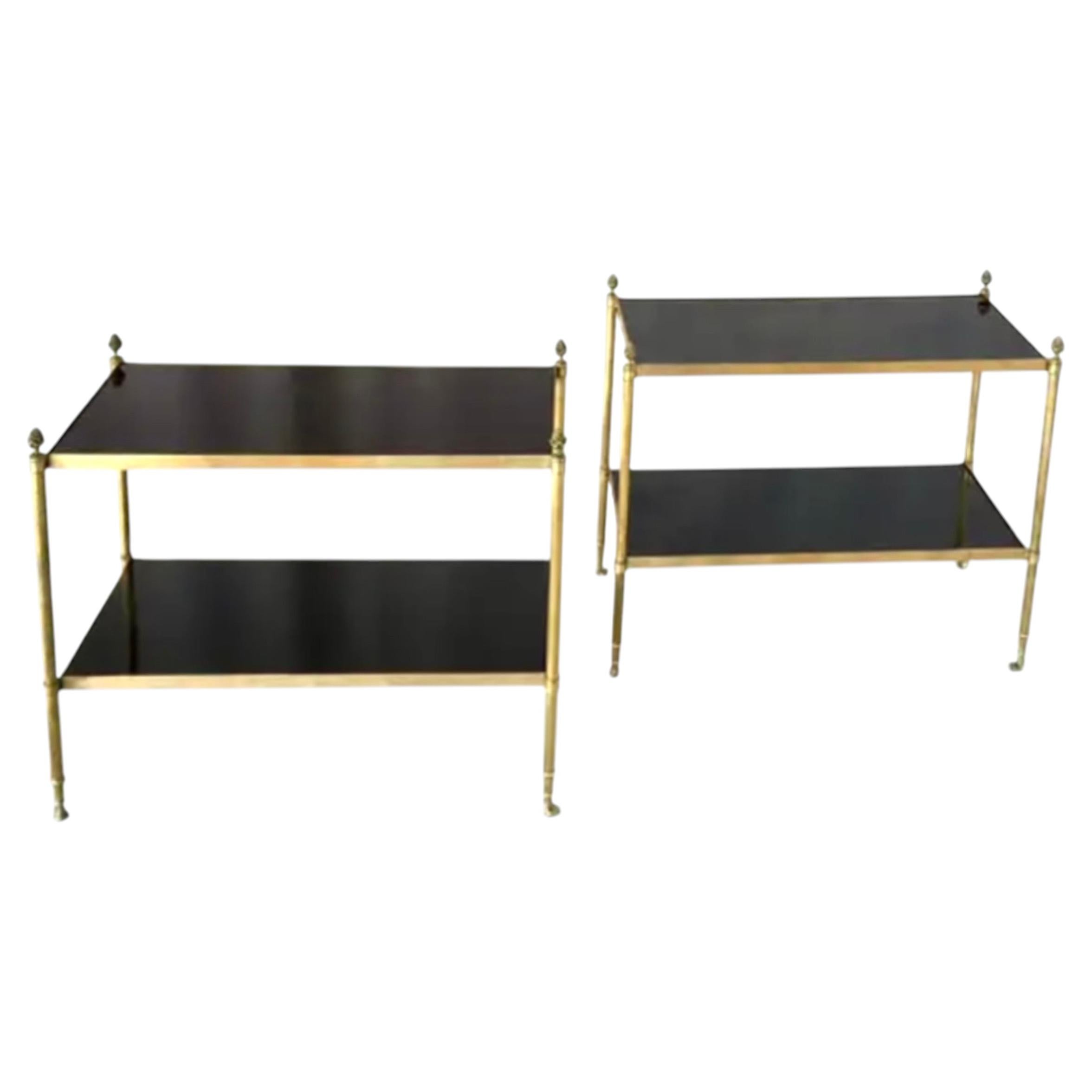 Pair Neoclassical Style Brass Side Tables with Black Lacquered Tops Jansen Style