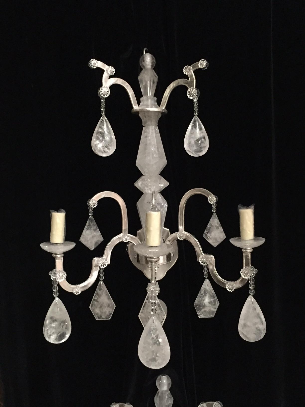 Silvered Pair of Neoclassical Style Carved Rock Crystal Sconces For Sale