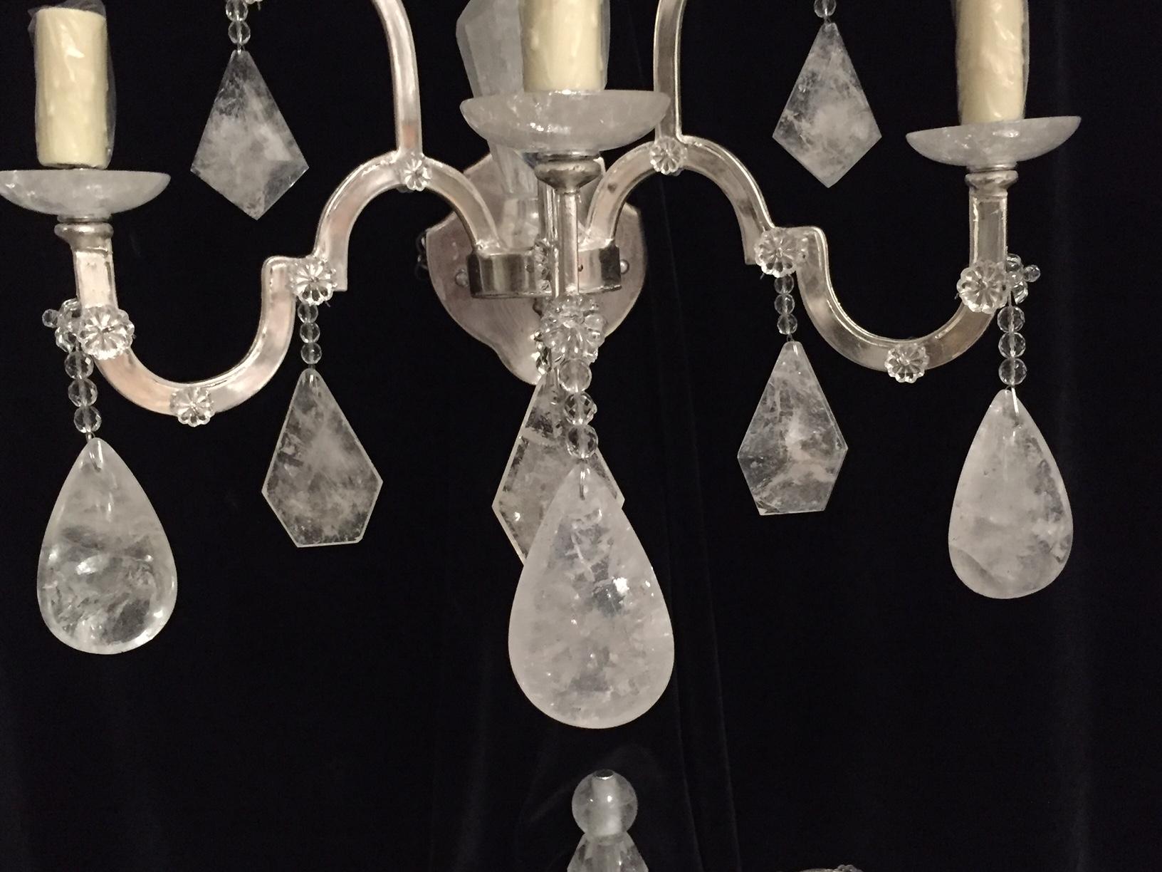 Contemporary Pair of Neoclassical Style Carved Rock Crystal Sconces For Sale