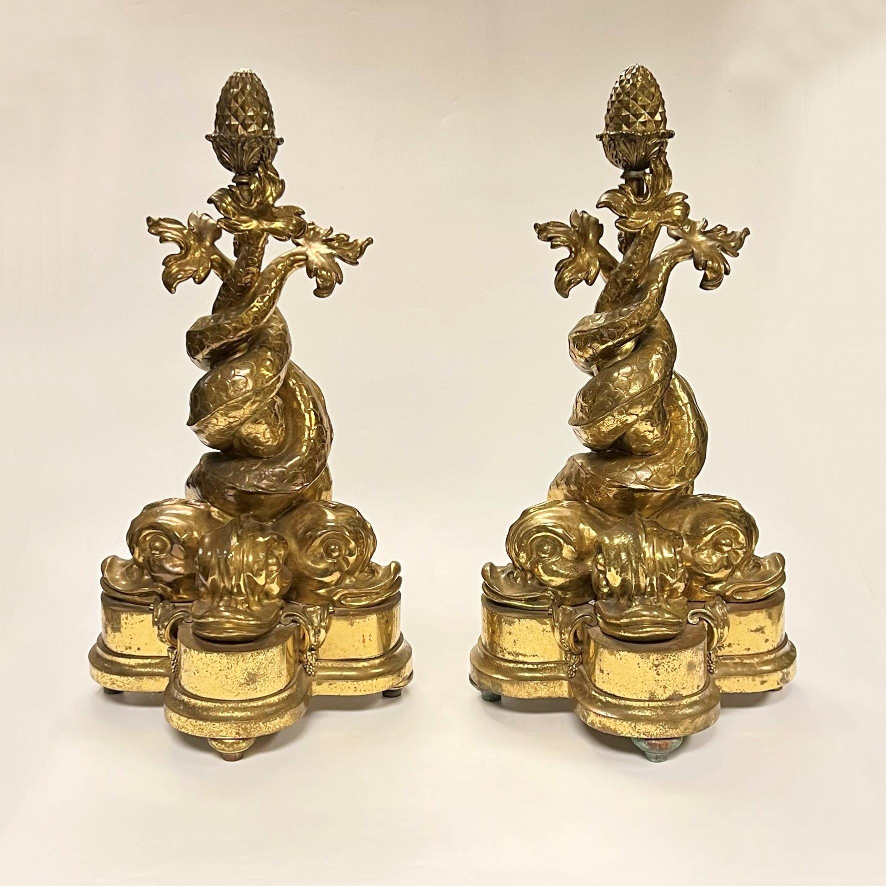 Neoclassical Revival Pair Neoclassical Style Dolphin Form Gilt Bronze Chenets For Sale