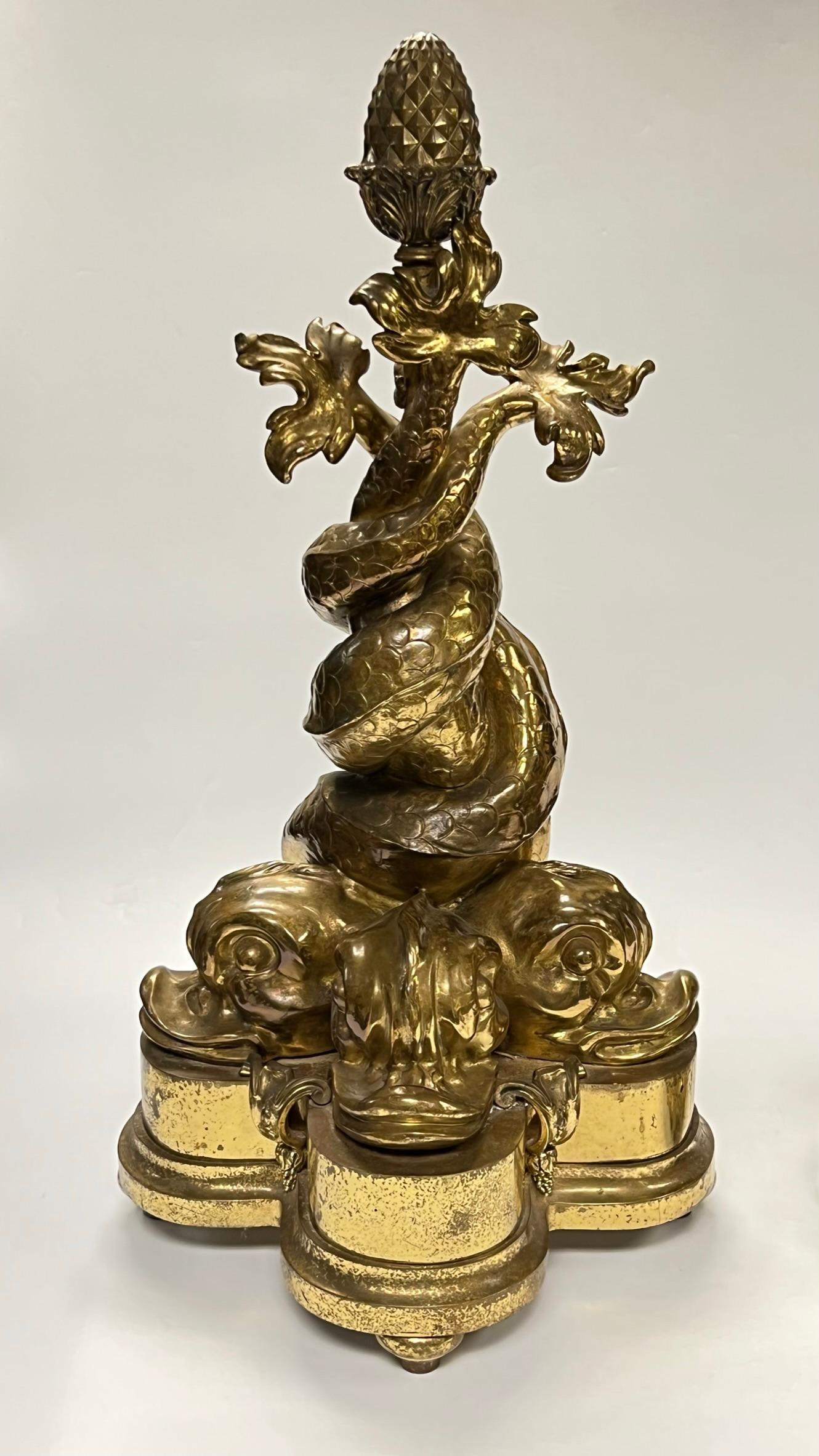 French Pair Neoclassical Style Dolphin Form Gilt Bronze Chenets For Sale