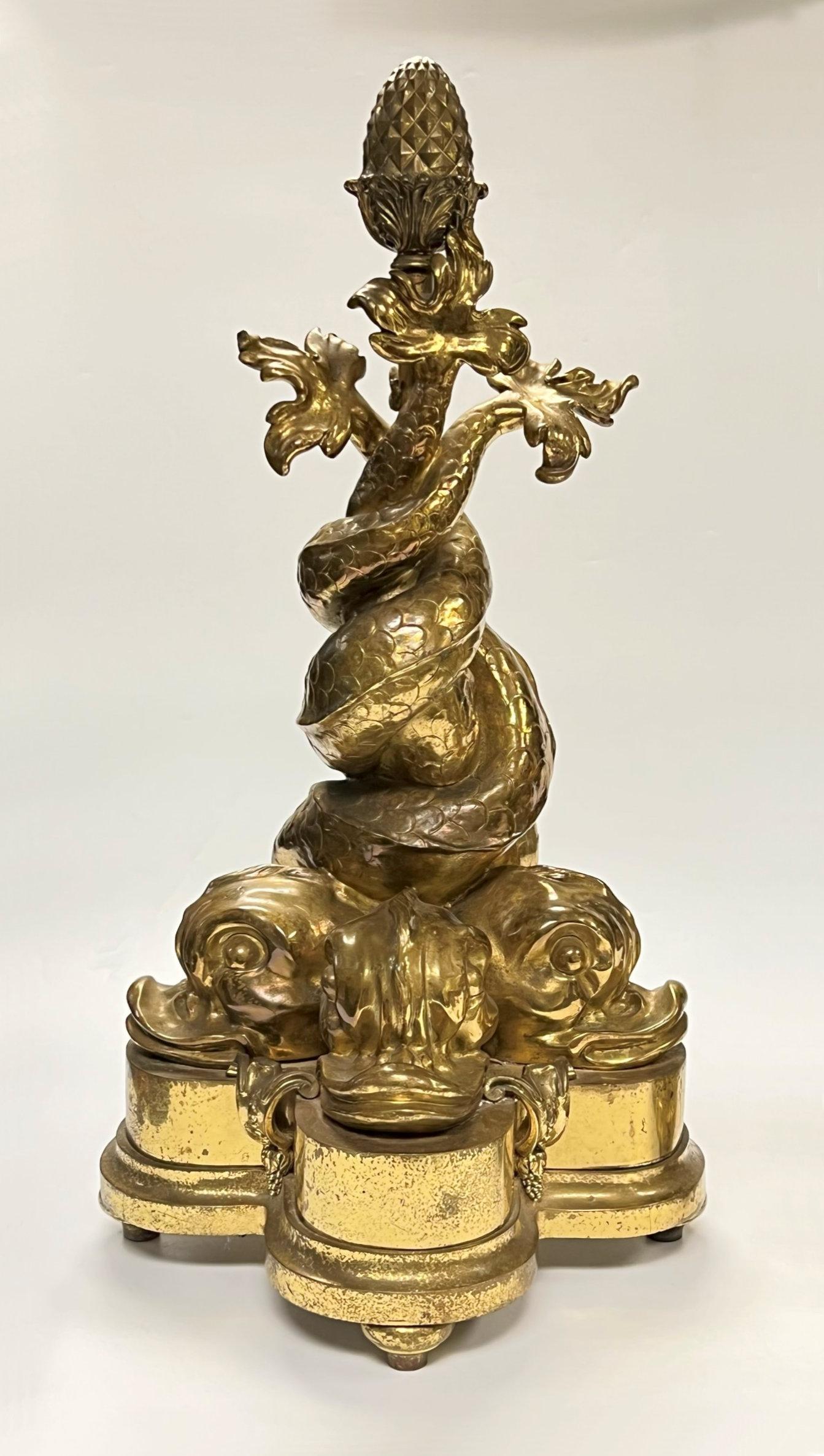 Pair Neoclassical Style Dolphin Form Gilt Bronze Chenets In Good Condition For Sale In New York, NY