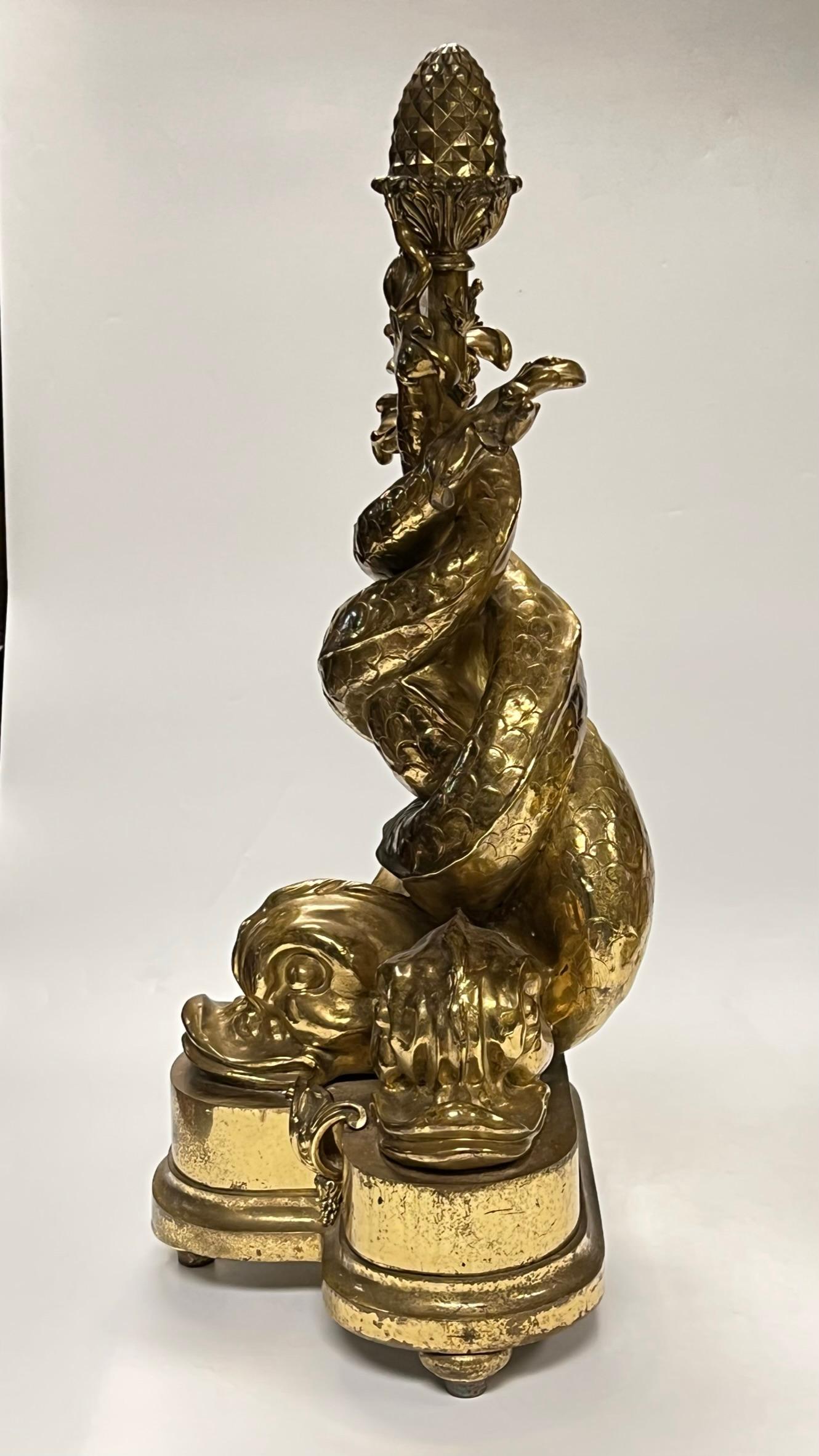 Pair Neoclassical Style Dolphin Form Gilt Bronze Chenets For Sale 1