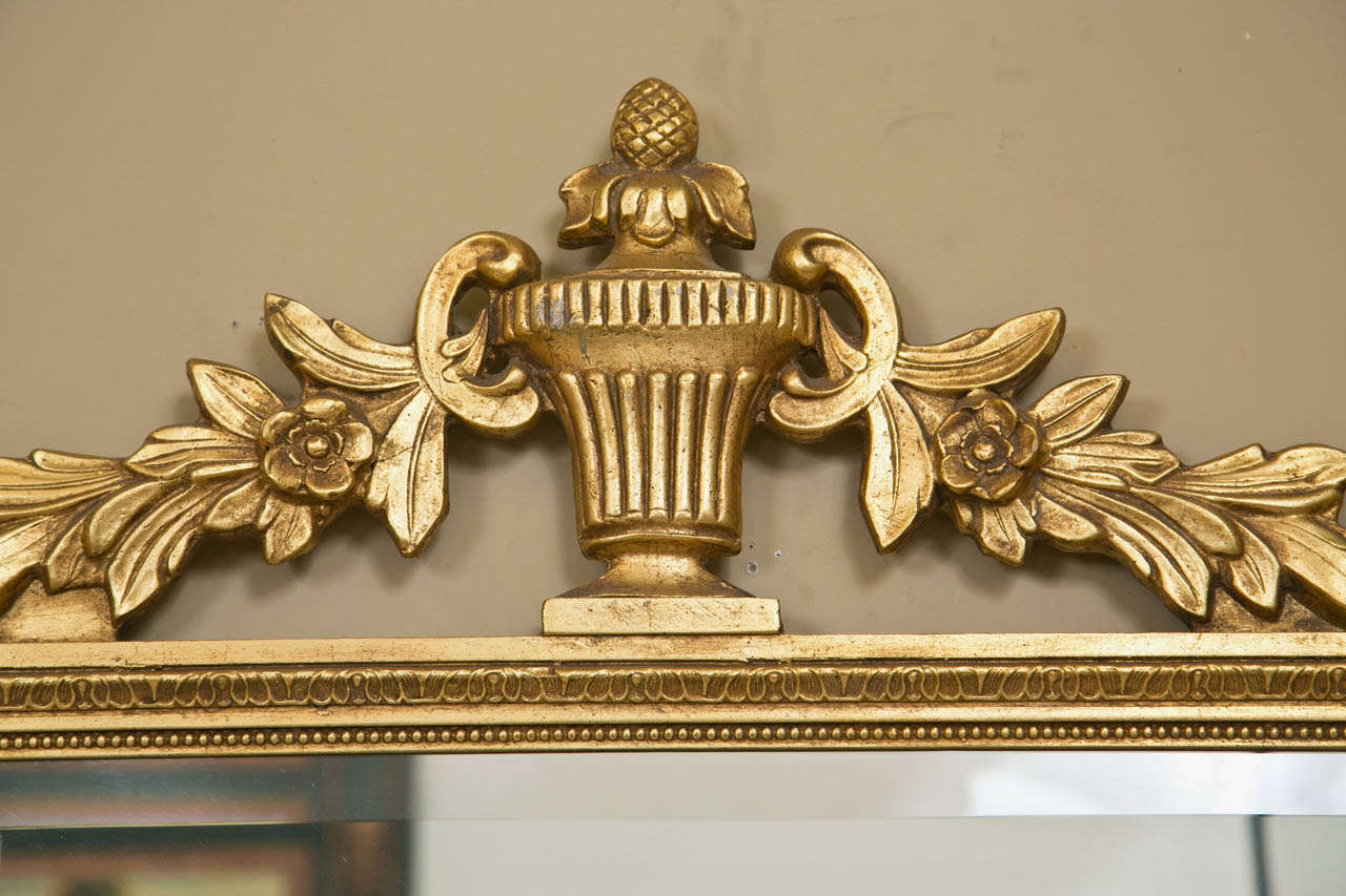 Neoclassical Style Giltwood Beveled Mirrors Decorated Urn Crest and Foliage Pair 1