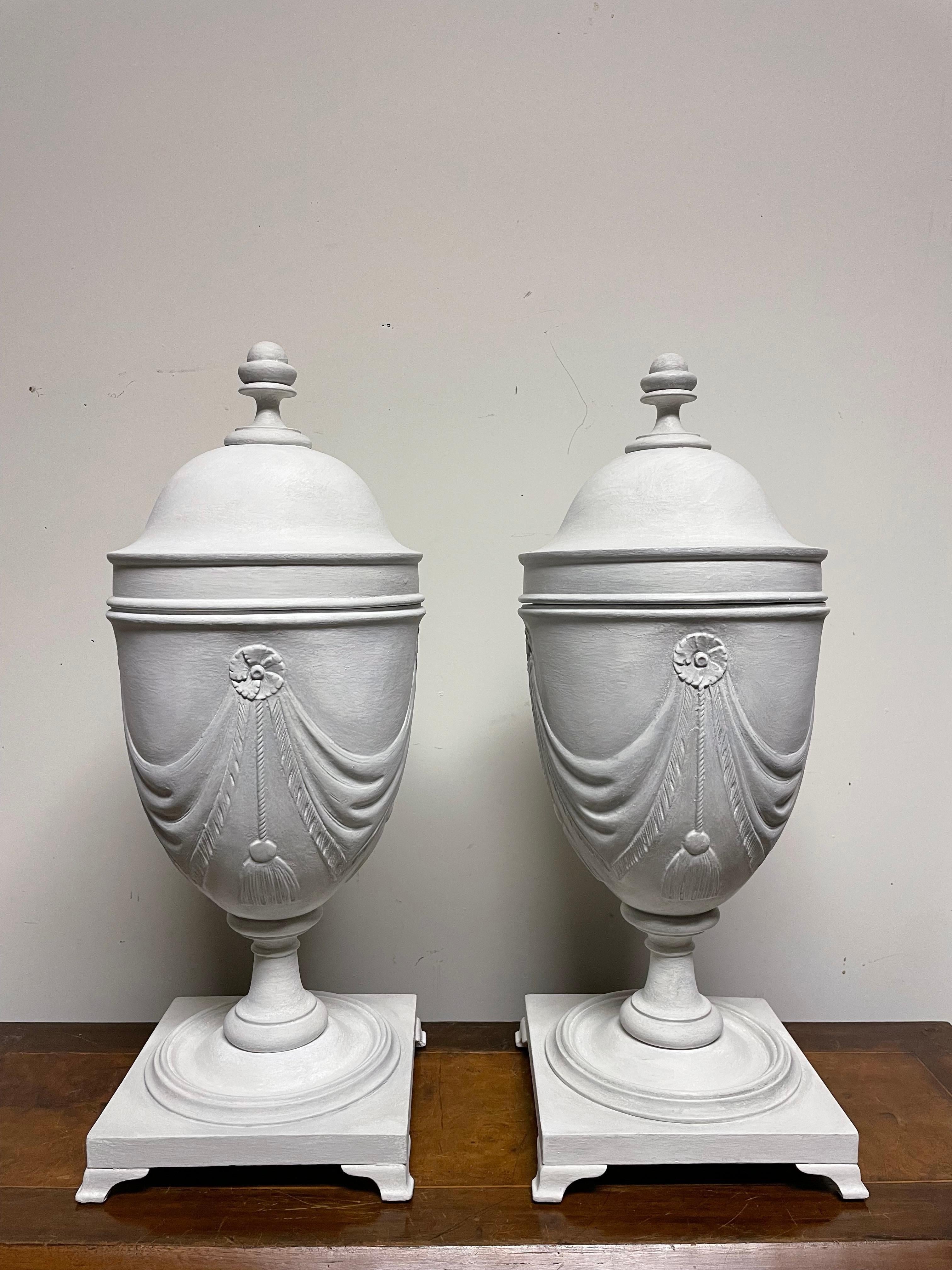 Pair Neoclassical Style Gray Painted Mahogany Urns  For Sale 4