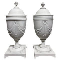 Pair Neoclassical Style Gray Painted Mahogany Urns 