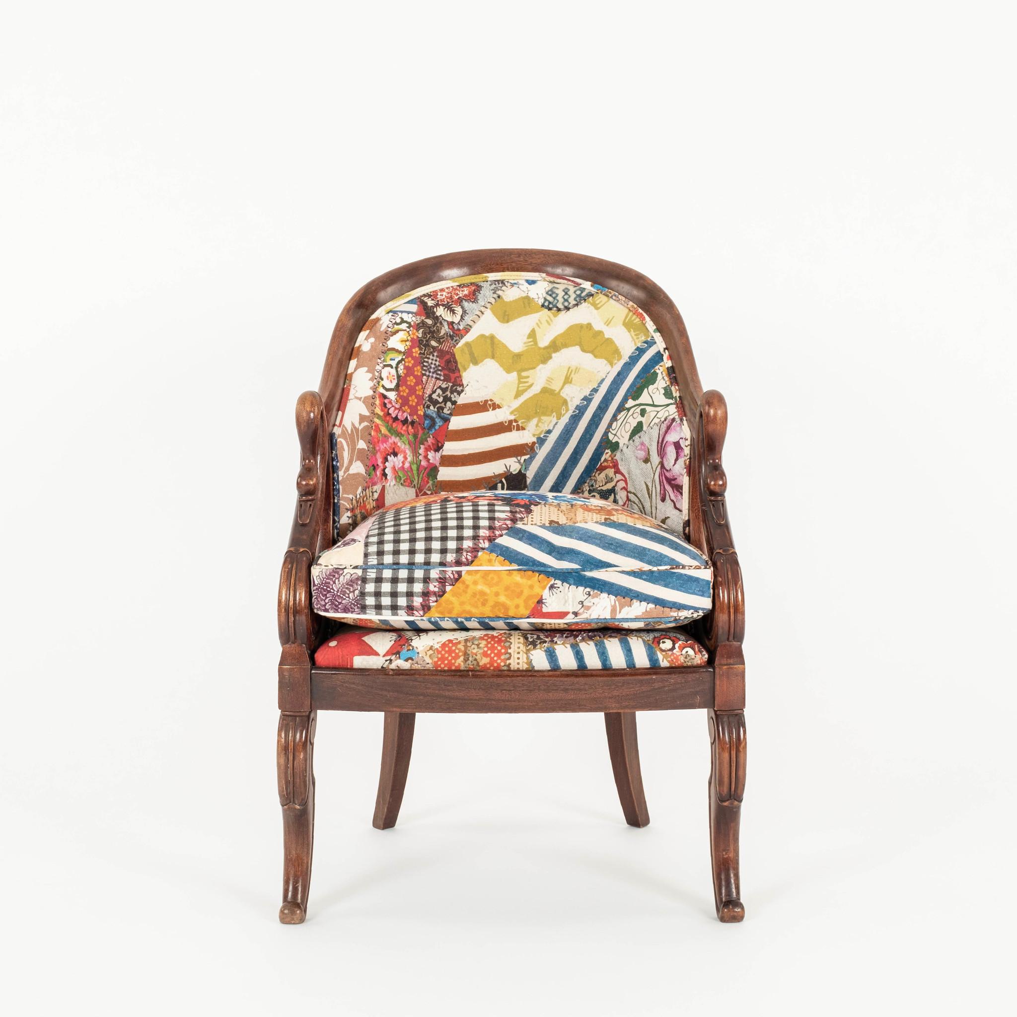 Pair 19th Century Neoclassical Style swan bergeres. Wonderfully restyled with Johnson Hartig for Libertine Potch PotchCrazy Quilt linen cotton fabric through Schumacher. Exuberant and colorful, this large-scale design, inspired by antique crazy
