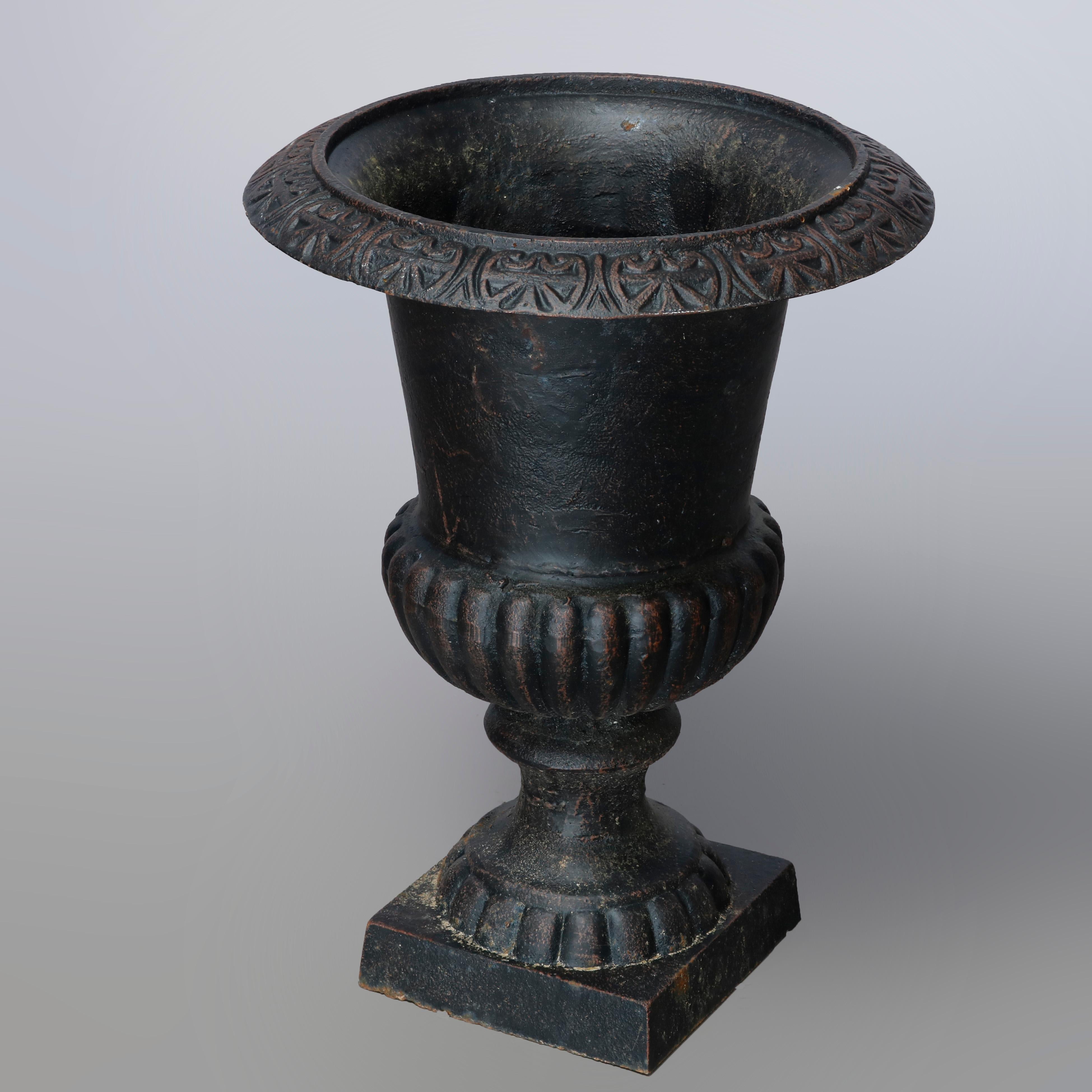 Pair of Neoclassical Style Melon Ribbed Cast Iron Garden Urns, 20th C In Good Condition In Big Flats, NY