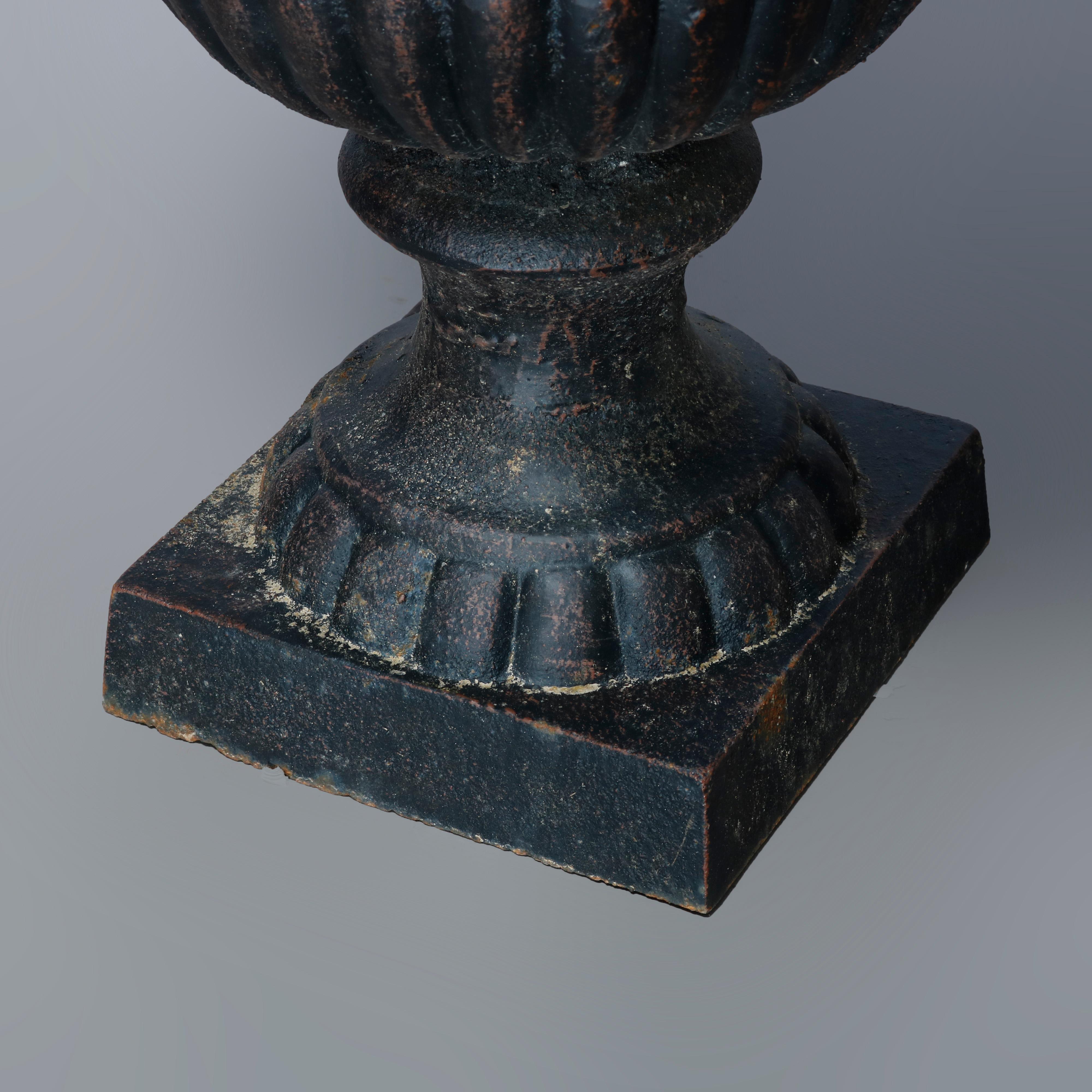 Pair of Neoclassical Style Melon Ribbed Cast Iron Garden Urns, 20th C 1