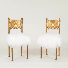 Pair Neoclassical Style Mongolian Curly Hair Giltwood Chairs