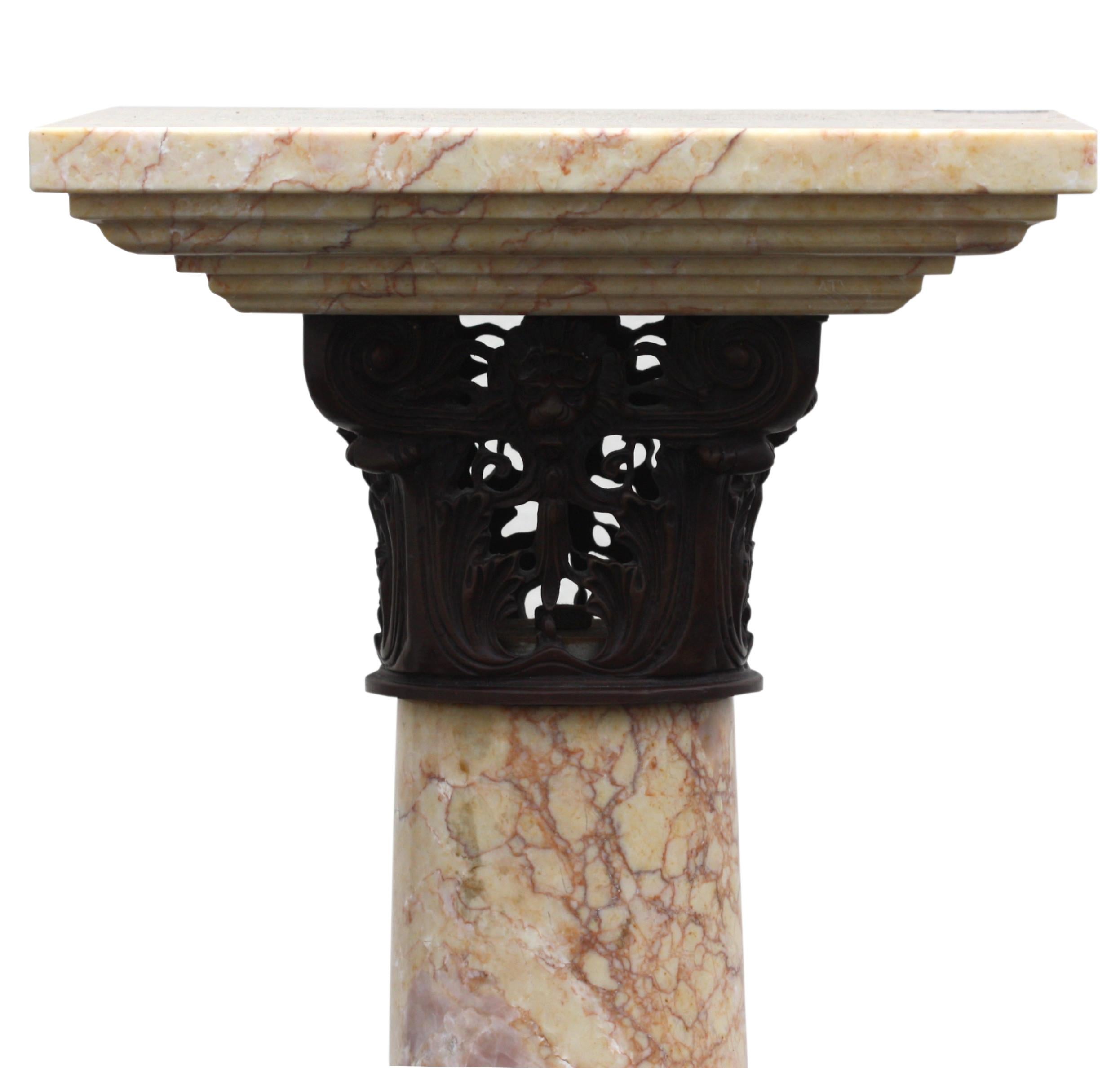 Pair Neoclassical Style Patinated-bronze-mounted Siena Marble Column Pedestals In Good Condition For Sale In West Palm Beach, FL