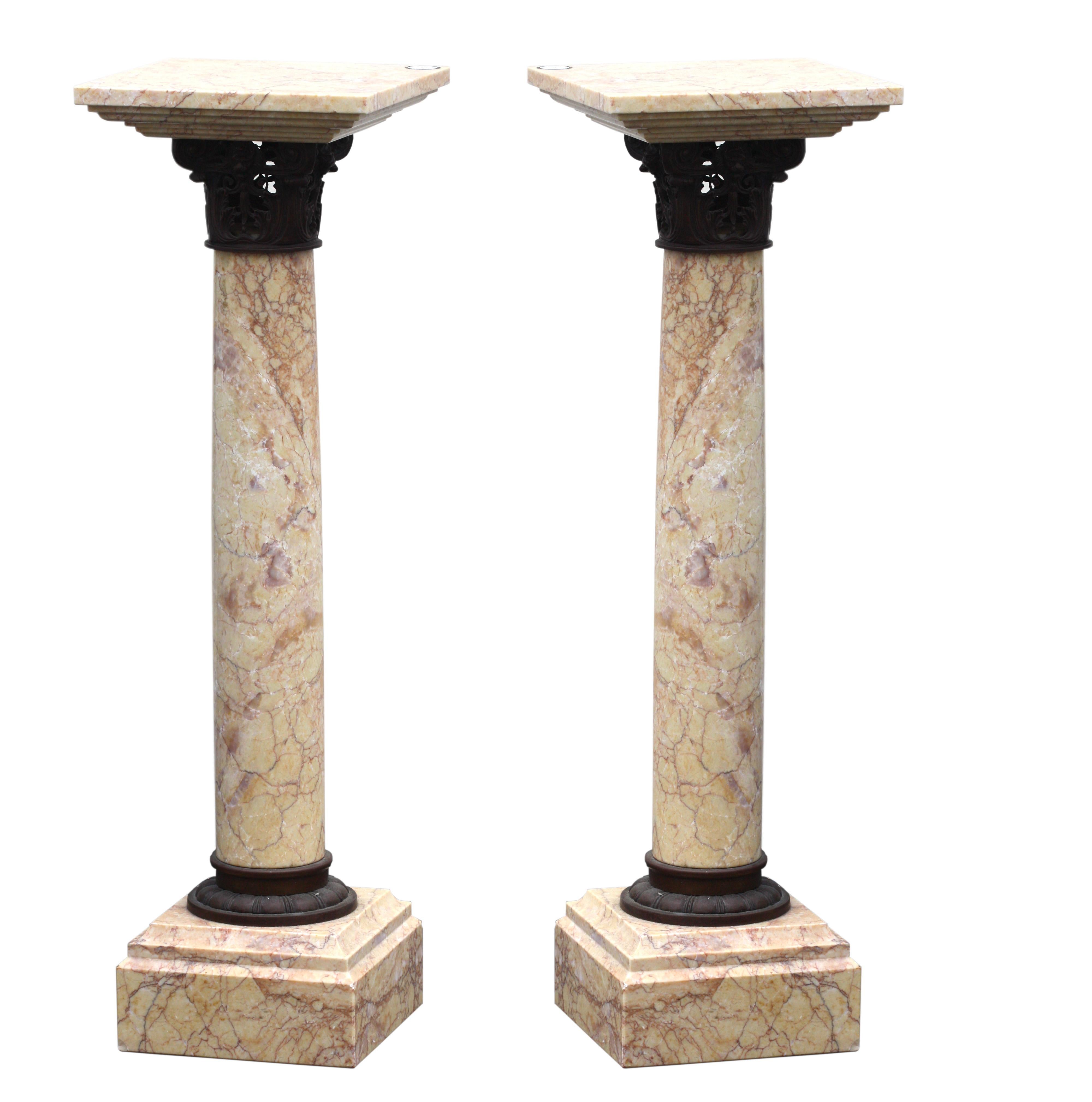 Pair Neoclassical Style Patinated-bronze-mounted Siena Marble Column Pedestals For Sale 2