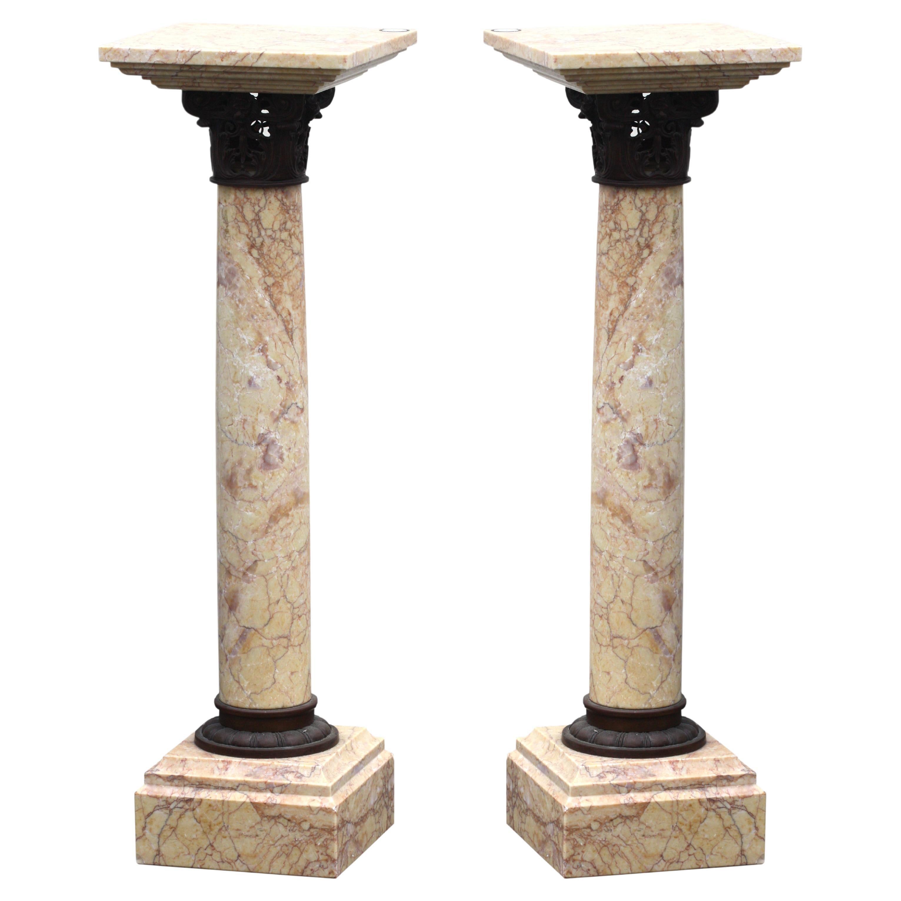 Pair Neoclassical Style Patinated-bronze-mounted Siena Marble Column Pedestals For Sale