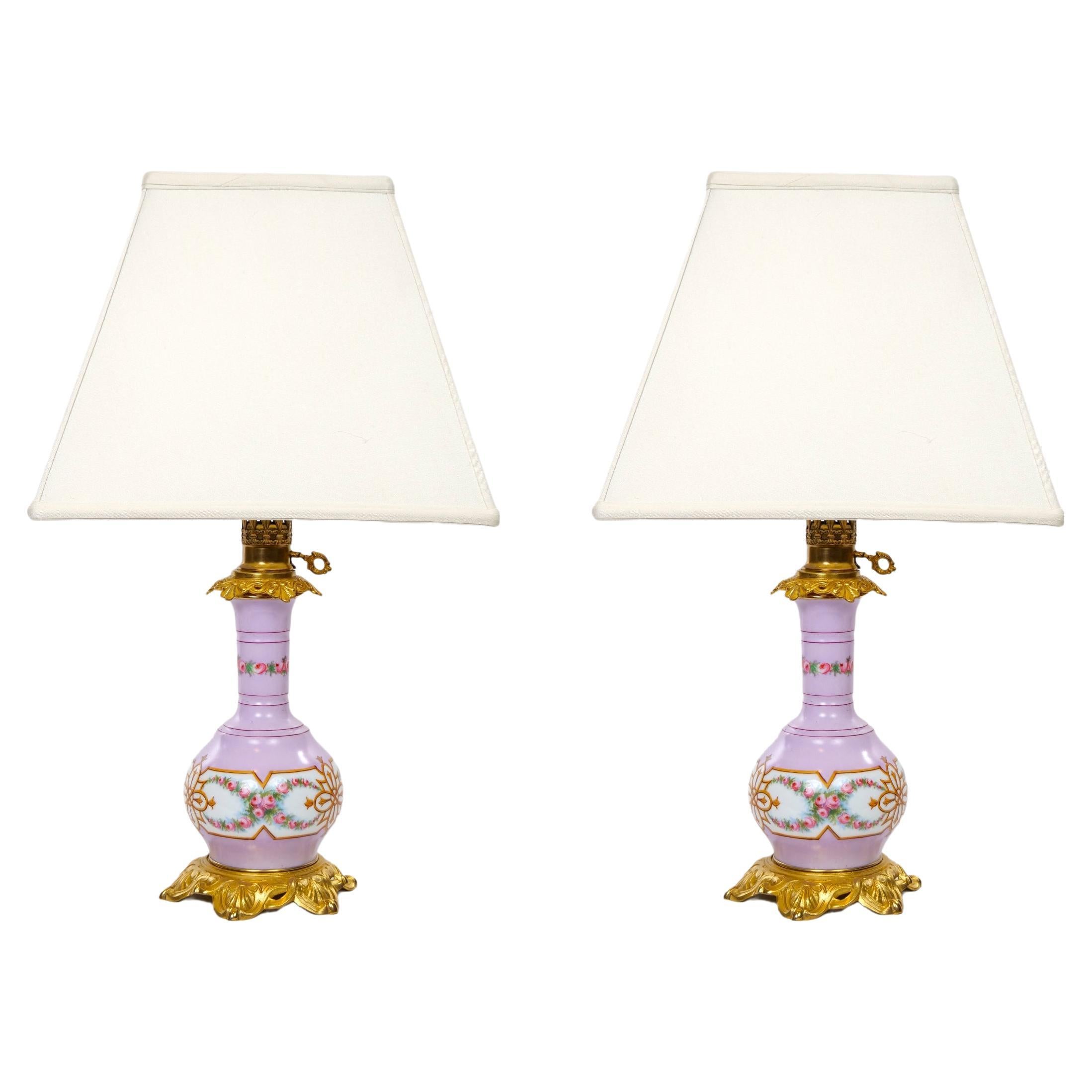 Pair Neoclassical Style Porcelain Lamps / Gilt Bronze Base For Sale