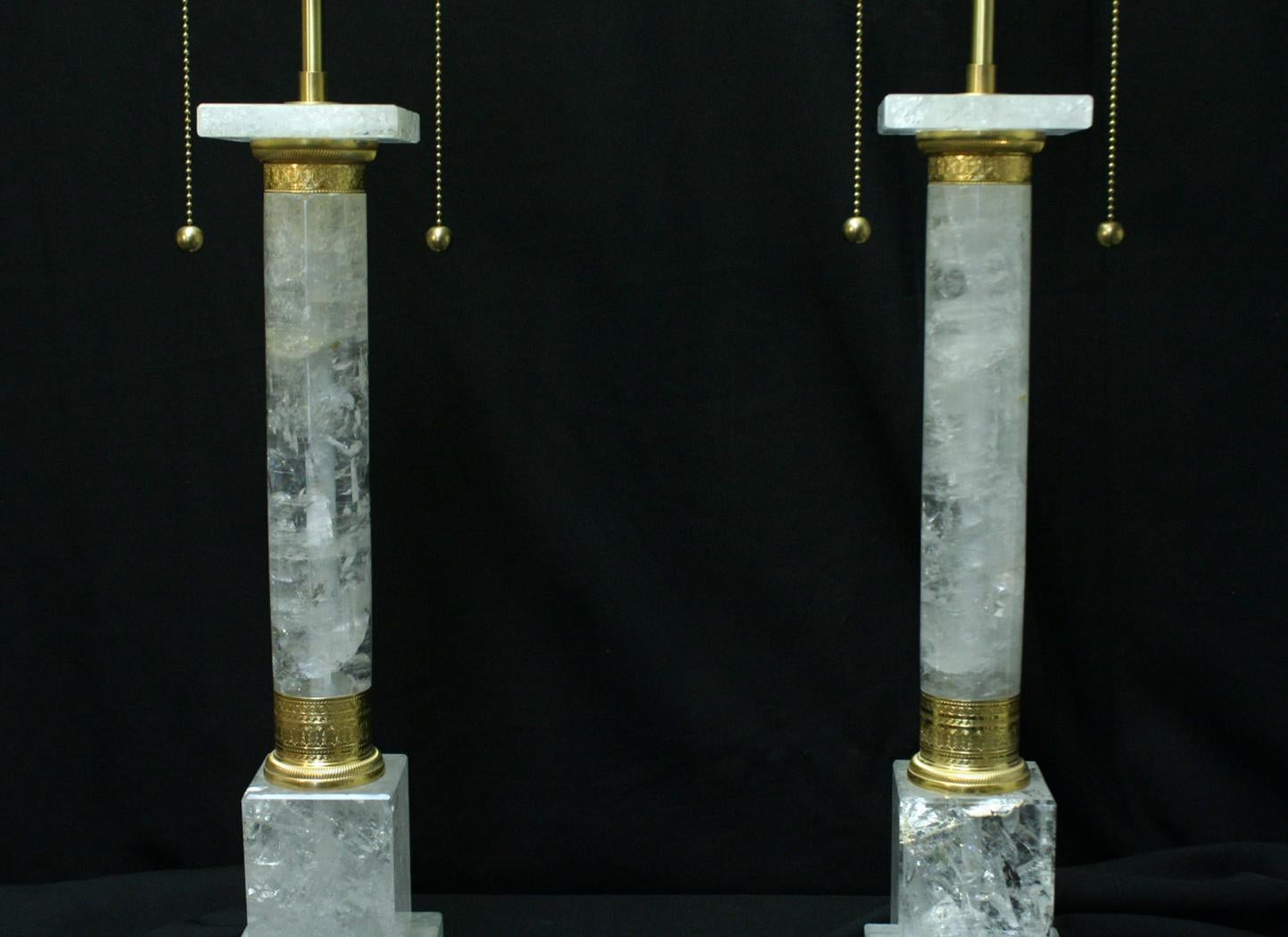 Pair of Neoclassical Style Rock Crystal and Ormolu Lamps For Sale 7