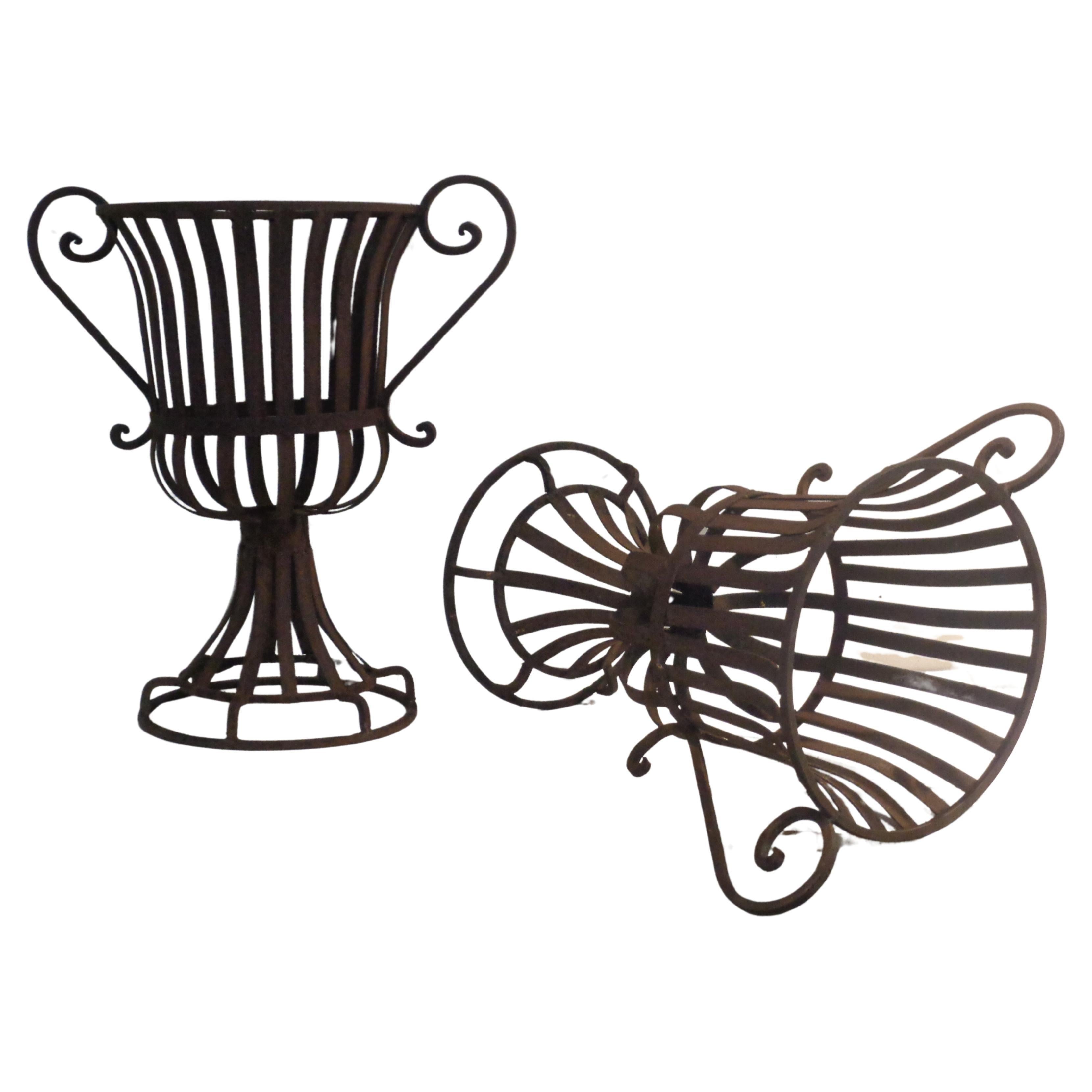 Pair Neoclassical Style Strap Iron Garden Urns, Circa 1970-1980 For Sale 5