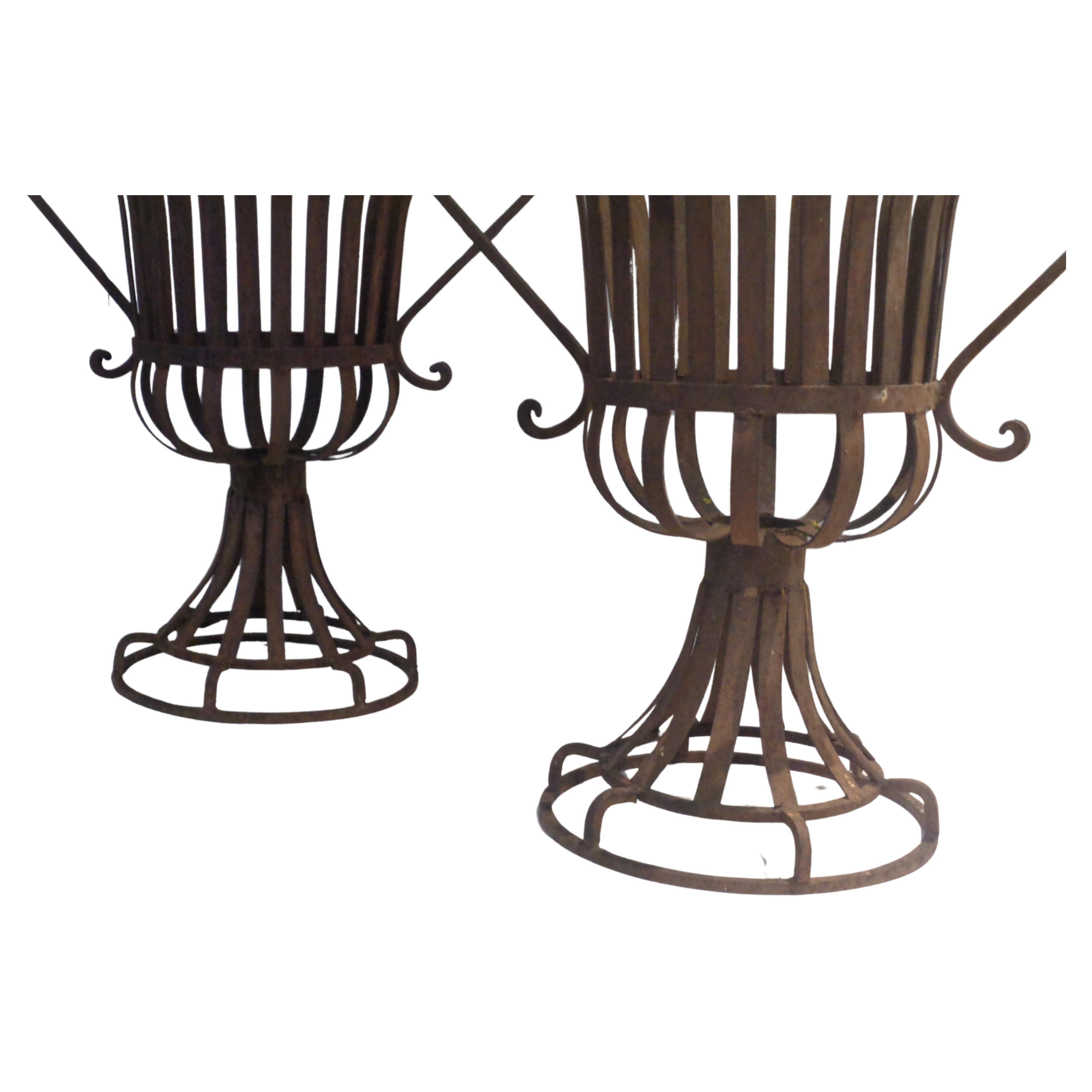 Pair Neoclassical Style Strap Iron Garden Urns, Circa 1970-1980 For Sale 6