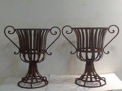 Pair Neoclassical Style Strap Iron Garden Urns, Circa 1970-1980