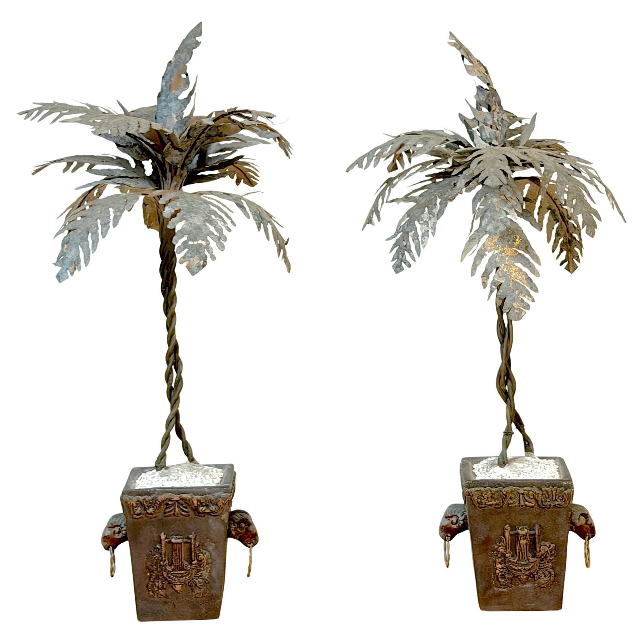 Pair Neoclassical Style Tole Palm Tree Topiaries, Attributed to Maitland-Smith