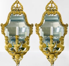 Pair Neoclassical Style Wall Sconces Bronze Three Arm Light with Fairy Figures