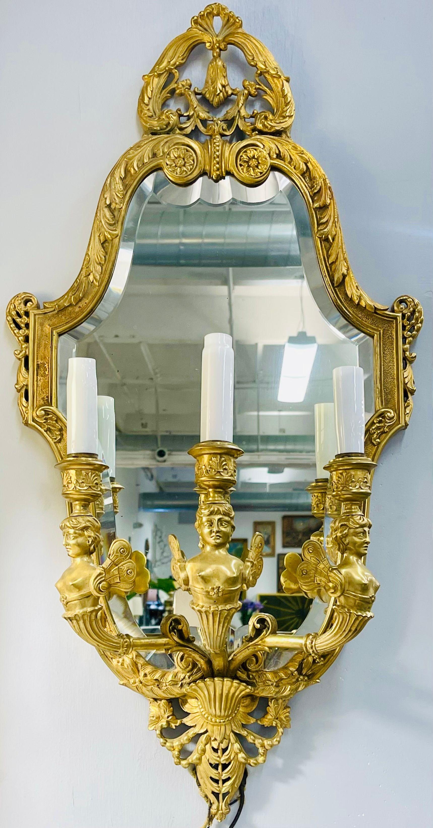 French Pair Neoclassical Style Wall Sconces Bronze Three Arm Light with Fairy Figures For Sale