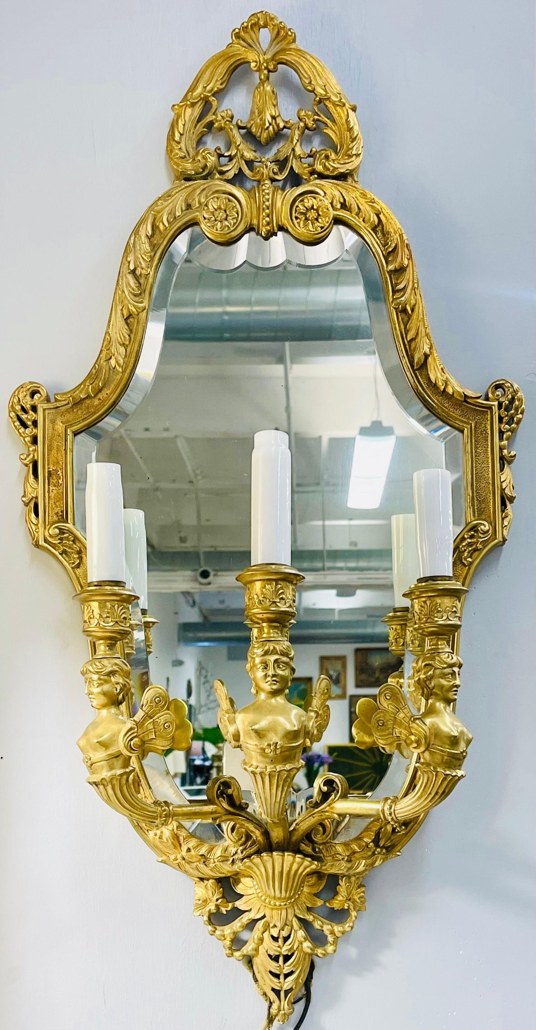 Pair Neoclassical Style Wall Sconces Bronze Three Arm Light with Fairy Figures In Good Condition For Sale In Stamford, CT