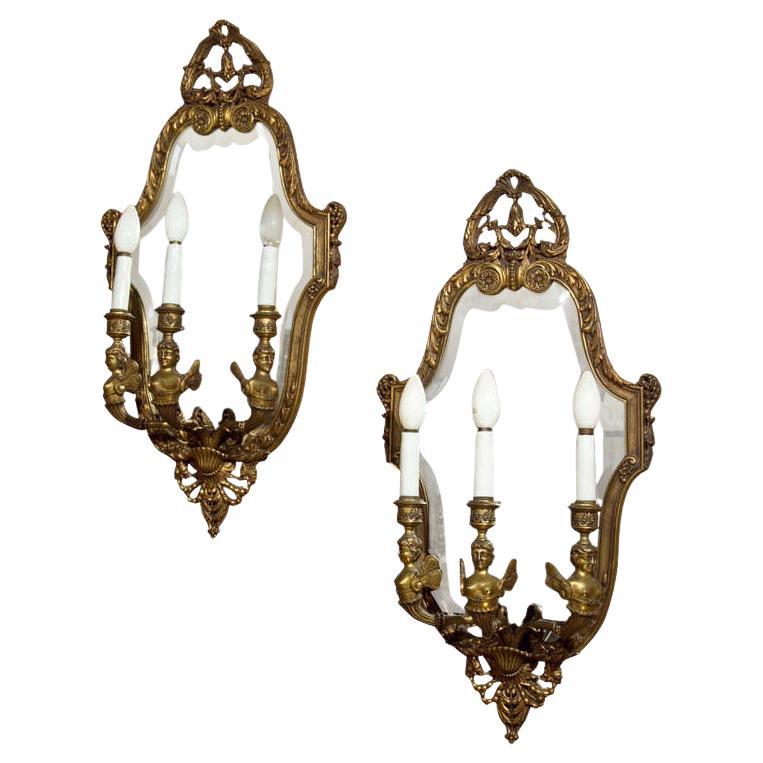 Pair Neoclassical Style Wall Sconces Bronze Three Arm Light with Fairy Figures For Sale