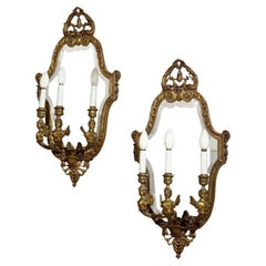 Antique Pair Neoclassical Style Wall Sconces Bronze Three Arm Light with Fairy Figures
