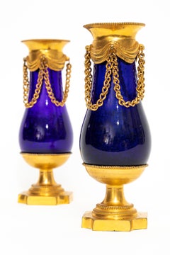 Pair Neoclassical Swedish Cobalt Blue Glass Ormolu Mounted Vases with Chains