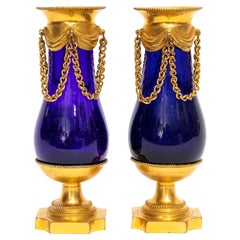 Pair Neoclassical Swedish Cobalt Blue Glass Ormolu Mounted Vases with Chains