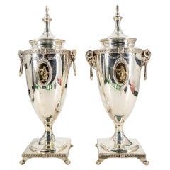 Pair Neoclassical Trophy Form Sterling Silver Urns