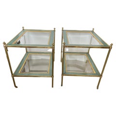 Pair Neoclassical Two Tier Brass, Wood & Glass Tables, Maison Jansen