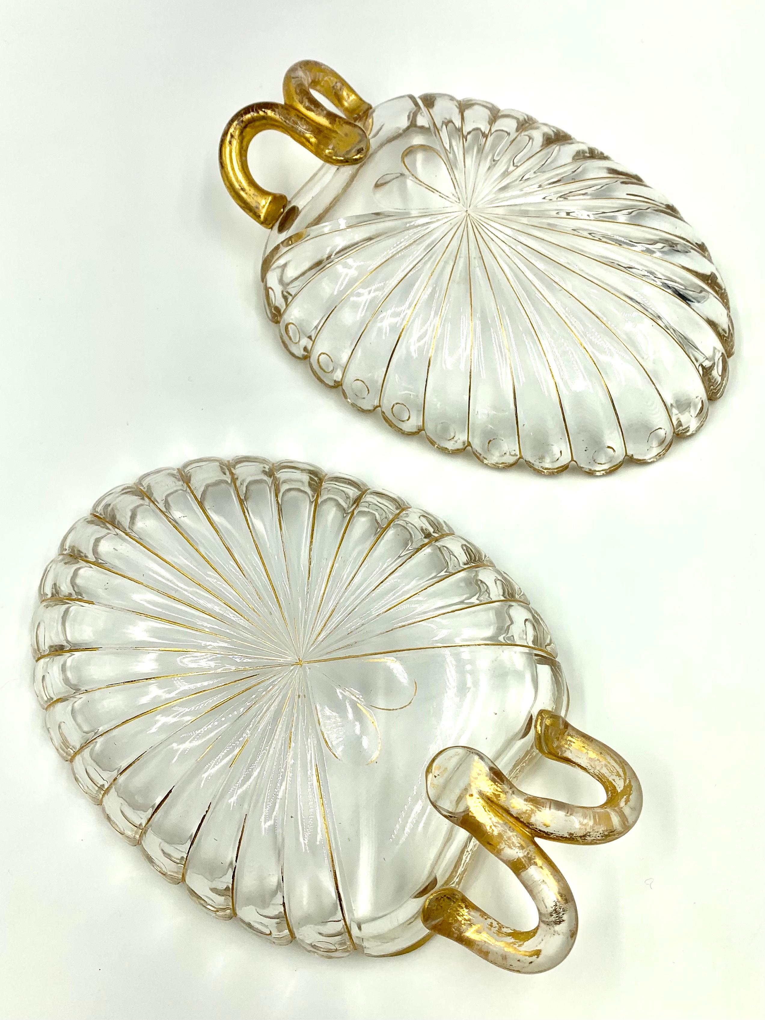 19th Century Pair Neoclassical Venetian Glass Scallop Form Parcel Gilt Caviar Dishes For Sale